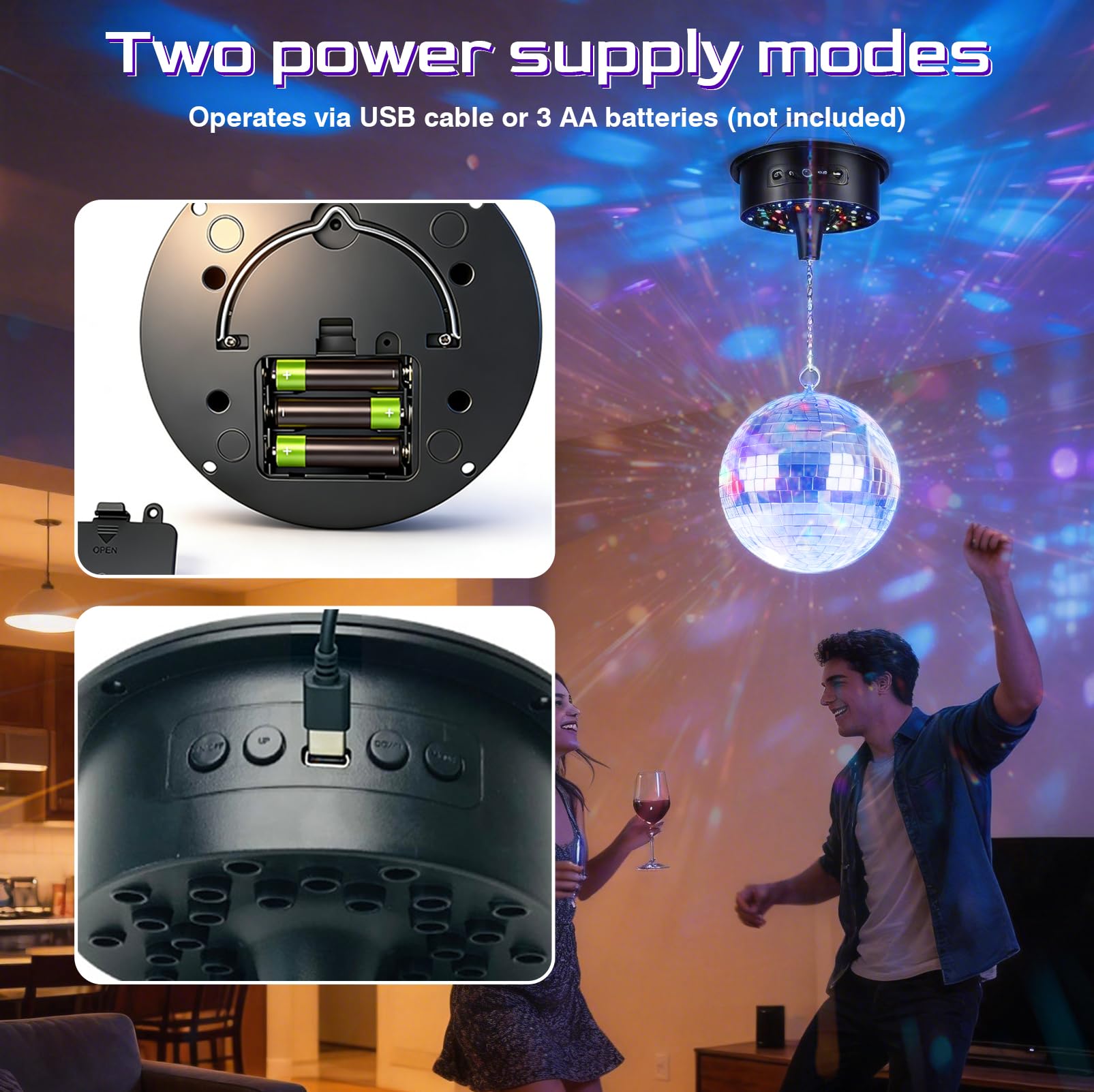 Bola de discoteca con motor y luz, bola de espejo de 20 cm con 30 perlas LED, 6 modos de color, 3 programas, mando a distancia y control de sonido, funciona con USB/batería para fiestas, discotecas