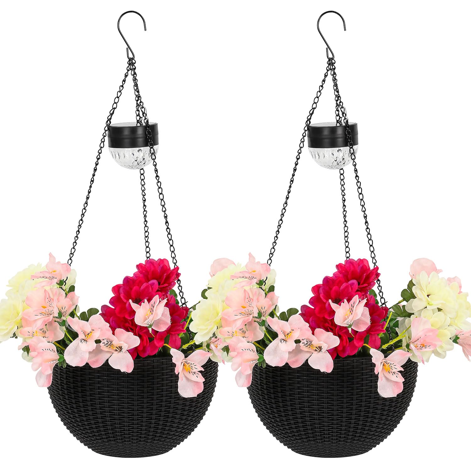 Taylor & Brown Rattan Effect Solar Powered Hanging Basket with SMD LED Lights Plastic Flower Planter Outdoor Garden Landscape Plant Pot Spot Light With Chain (2)