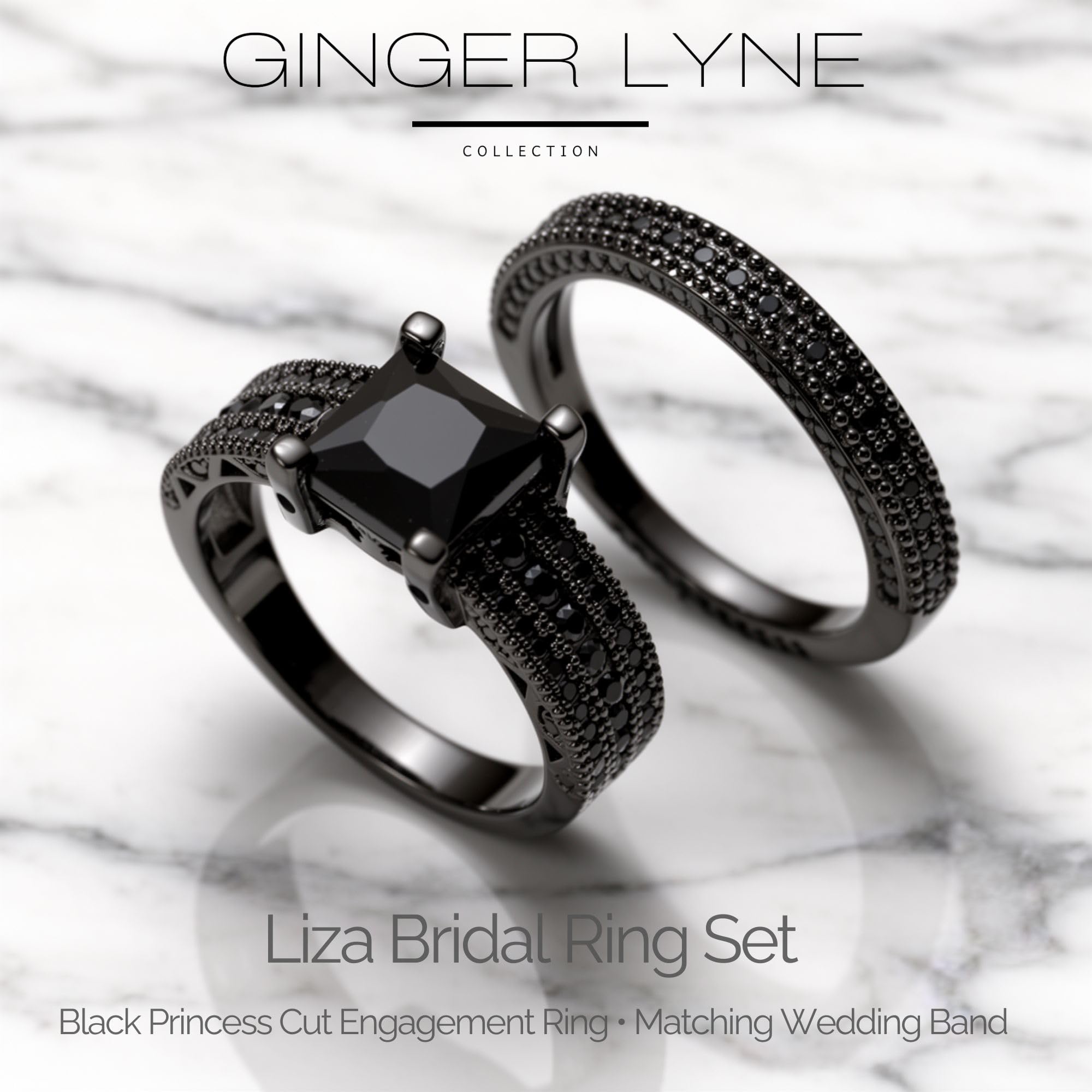 Exquisito Negro novia compromiso boda banda anillo Set – Ginger Lyne colección, negro, 8