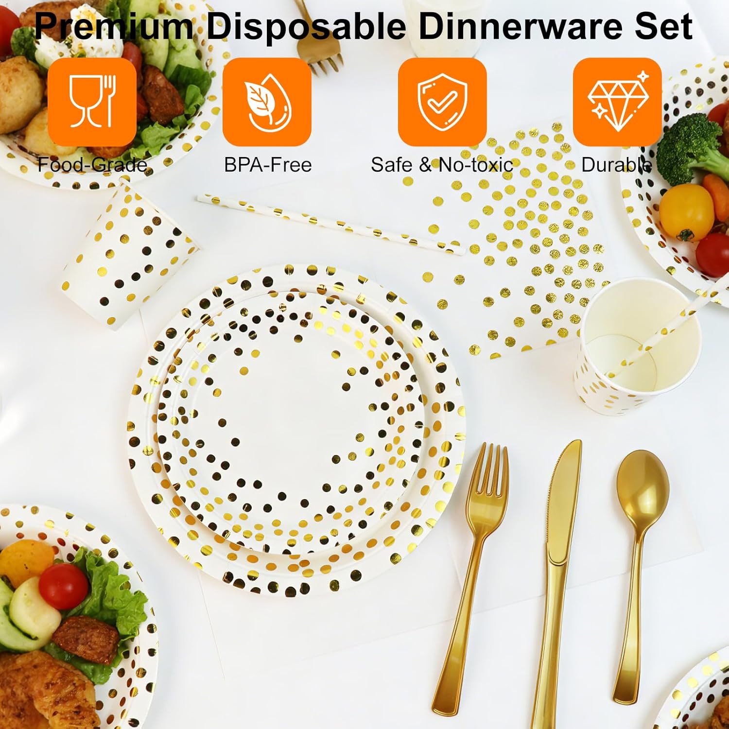 Party Supplies 201pcs White & Gold Plates and Napkins Sets - Disposable Dinnerware Sets for 25 Guests with Paper Plates Cups Straws Plastic Silverware 1 Tablecloth - Bridal Shower Birthday Wedding