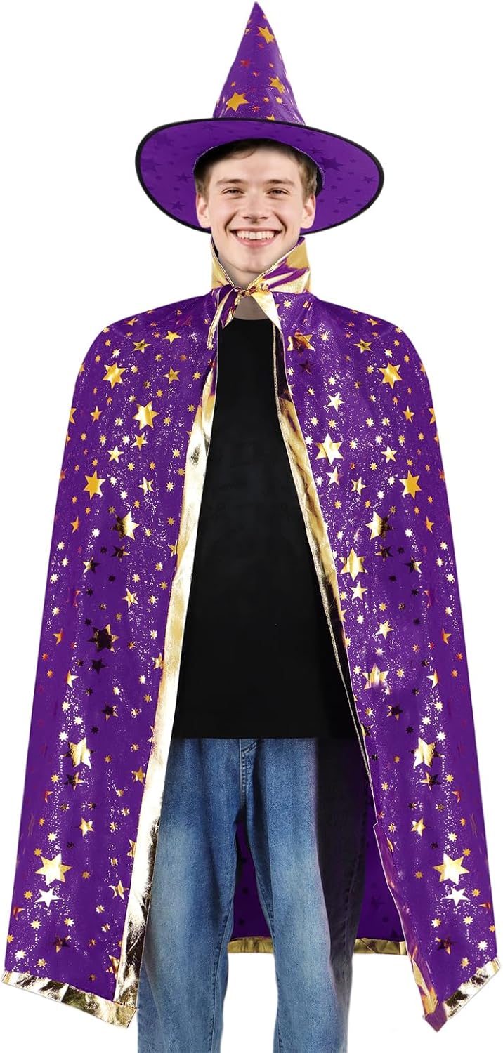 EDAUWAE Adult Wizard Cape,Wizard Cloak Costume with Wizard Hat Wand and Eyeglasses for Halloween Cosplay - Image 7