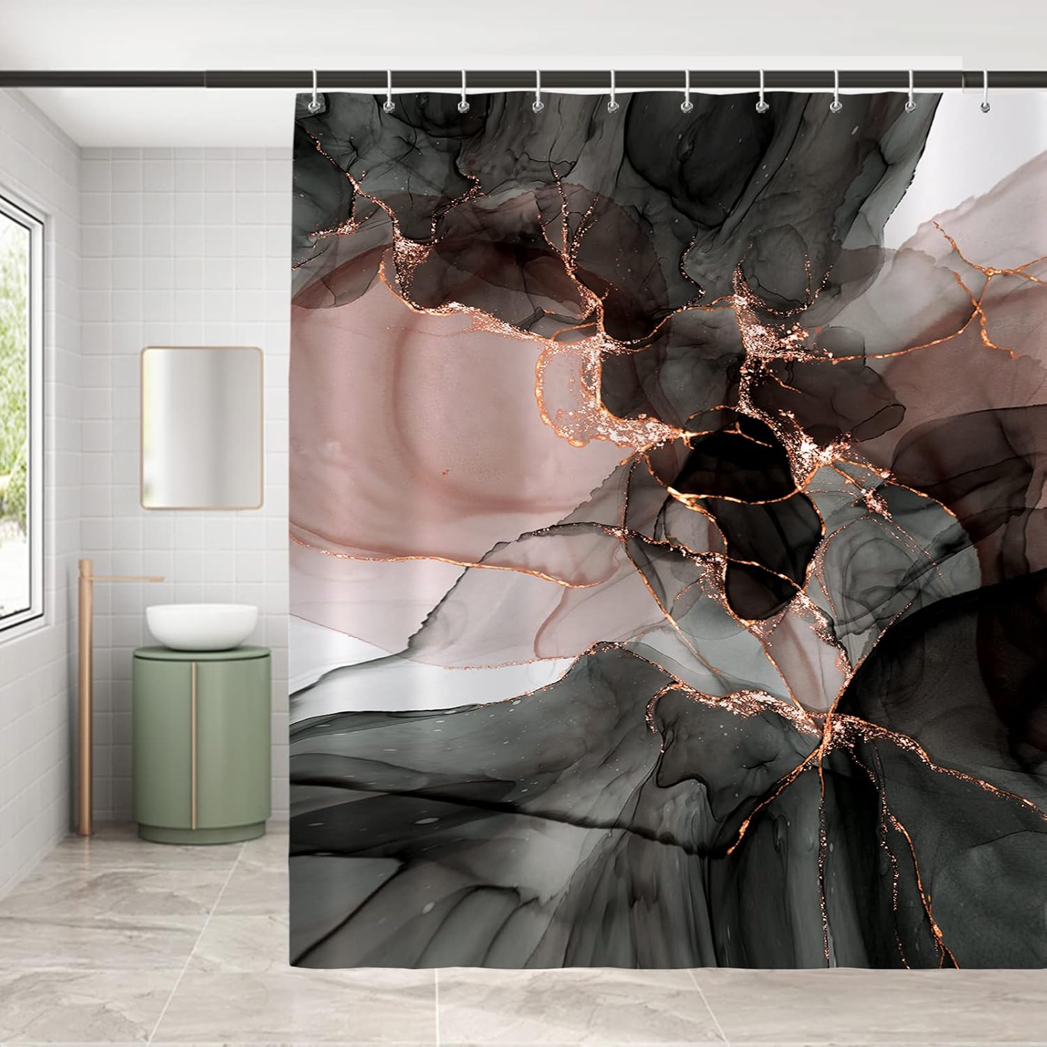 Seorsok Pink Gold Marble Shower Curtain,Marble Luxury Gradient Gold Black Shower Curtain for Bathroom Decor Art Watercolor Paint Texture, Waterproof Washable Fabric Bath Curtain 72x72 Inches