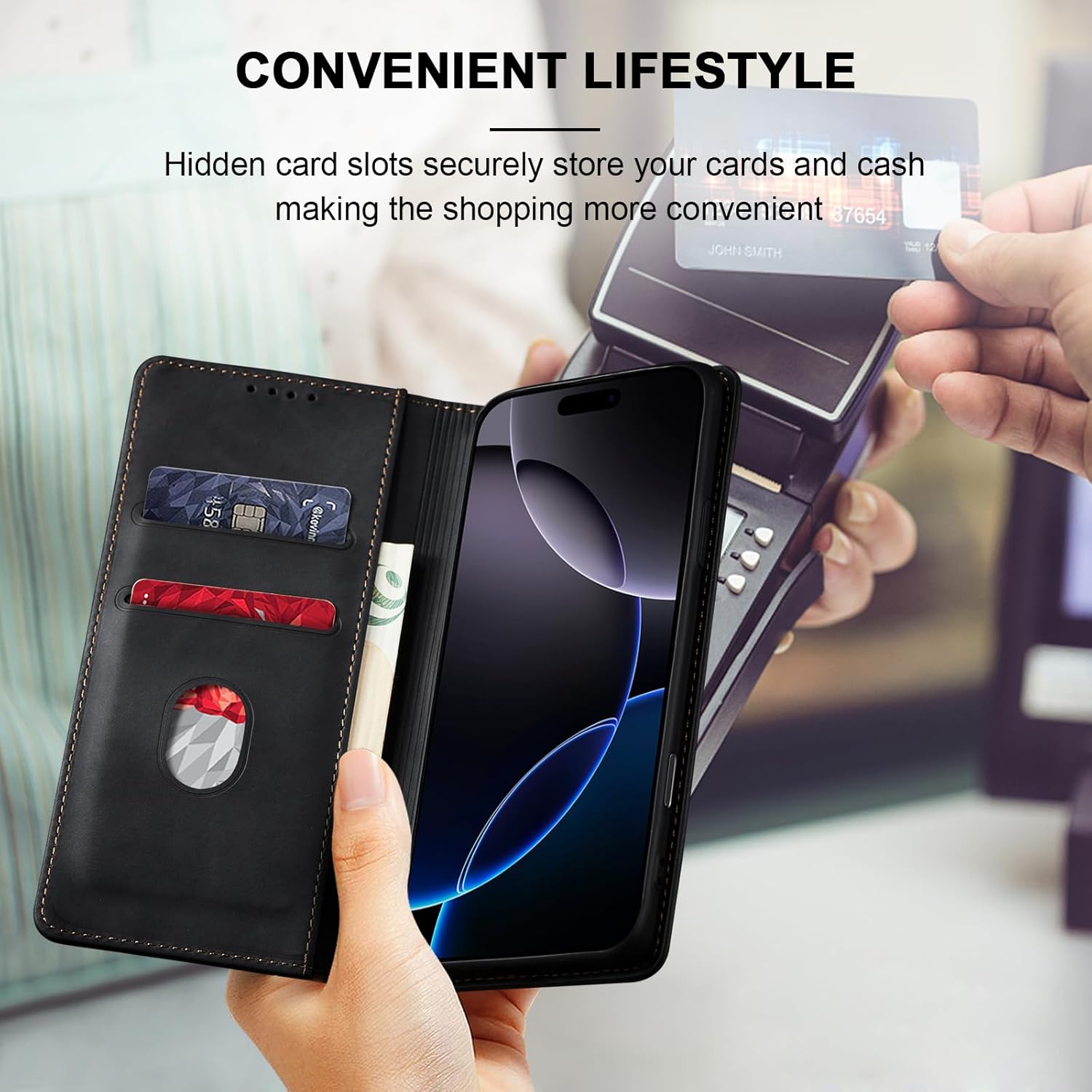 Jasonyu Flip Wallet Case for iPhone 16 Pro Max,Leather Magnetic Folio Cover with Card Holder,Kickstand - TPU Shockproof Durable Protective Phone Case,Black - Image 6