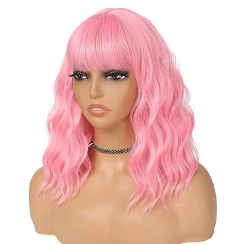 Pink Wig with Bangs for Women 14 Inch Pink Wigs Short Bob Wavy Curly Wig Heat Resistant Synthetic Colorful Wig