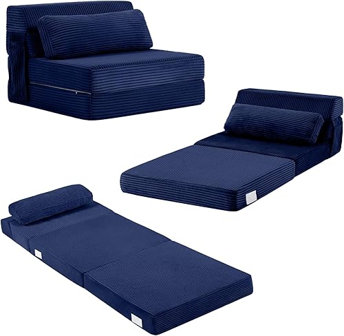 Miniatura 14 de Tiita Sofá Cama Plegable con Almohada, Cama de Piso de Espuma Viscoelástica Plegable, Silla Cama Convertible de Tamaño Individual, Sofá Cama Azul