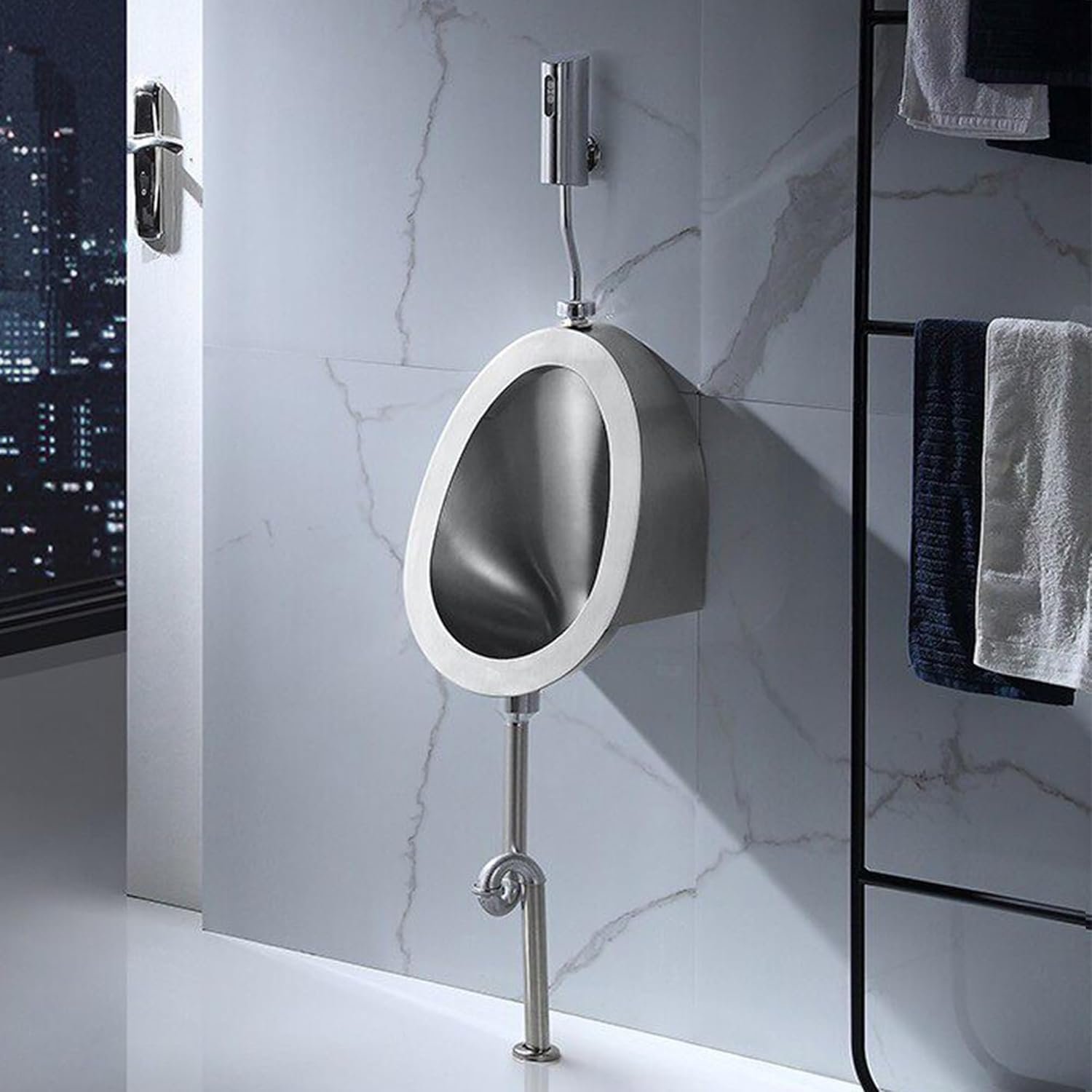 Wall Mounted Men's Flushing Urinal, 304 Stainless Steel Urinal, Commercial High Efficiency Flush Urinal, for Bathroom, Hotel, Public Places(Silver,External sensor)