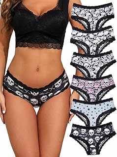 Morvia 6 Pieces Women Underwear Gothic Sexy Halloween Skull Roses All-over Print Contrast Lace Hipster Panties