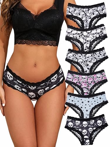 Morvia 6pcs Women Underwear Gothic Sexy Halloween Skulls Roses Allover Print Contrast Lace Hipsters Panties - M - 6pcs Skull & Stars Print