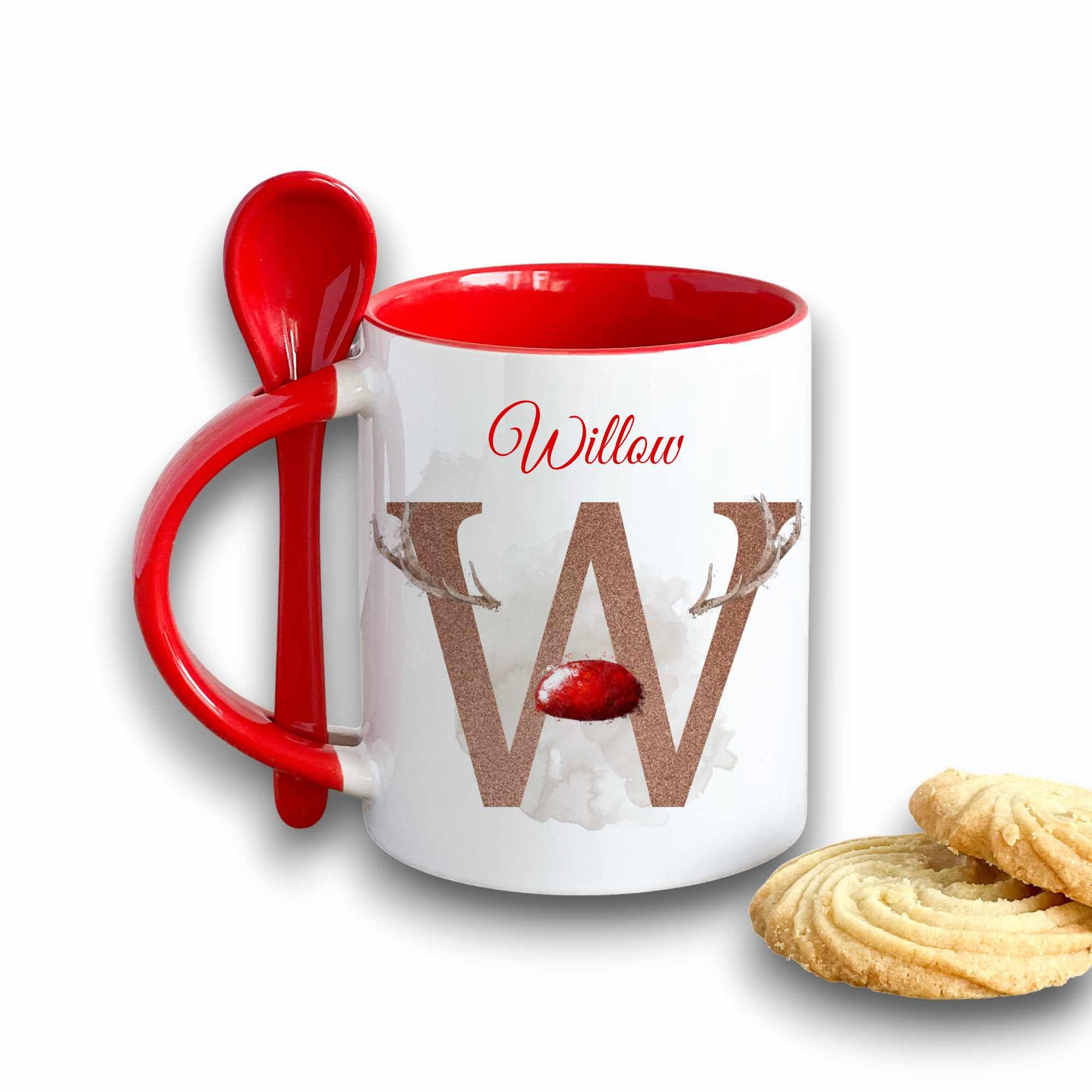 Personalised Red Handle Tradional Reindeer Initial Mug with Spoon, Christmas Alphabet with Antlers and red Nose hot Chocolate, Cute Xmas Mug