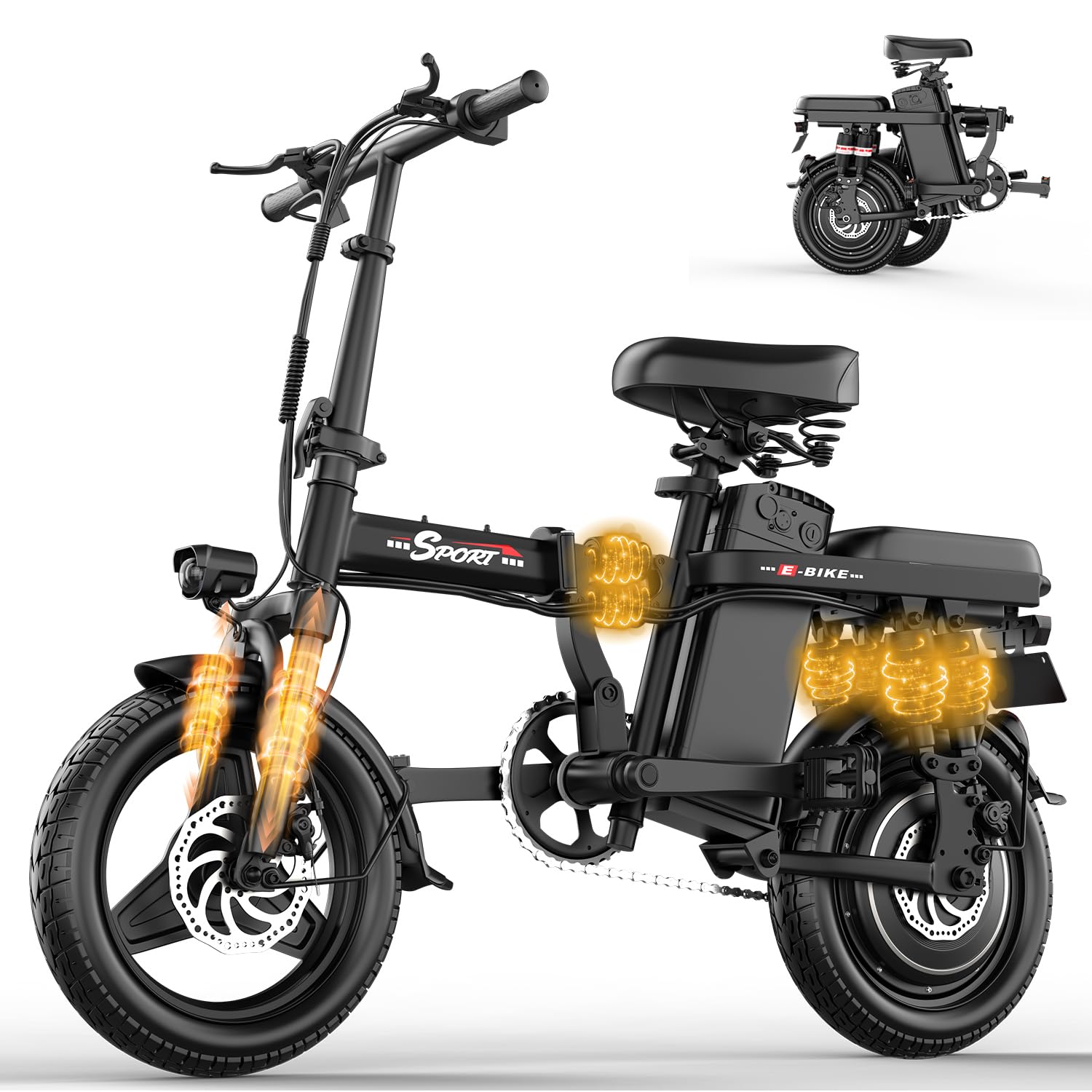 Electric Bike for Adults Teens, 800/1200W Peak Folding Ebike, 22/25MPH &amp; 30/45 Miles Range, 14" Commuting Ebike with Dual Suspension &amp; Dual Brake, 3-Speed Modes, Portable Electric Mini Bike