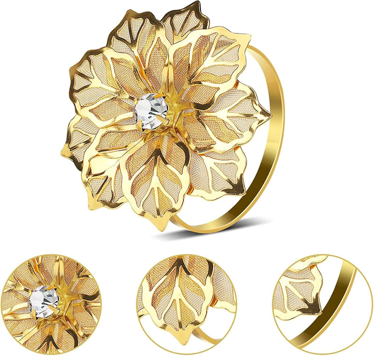 Flower Napkin Rings of 6,Hollow Out Metal Floral Napkin Holders with Rhinestone Accents, Elegant Table Decorations for Wedding,Banquet,Christmas,Dinner Party and Holiday Table Settings (6, Gold)