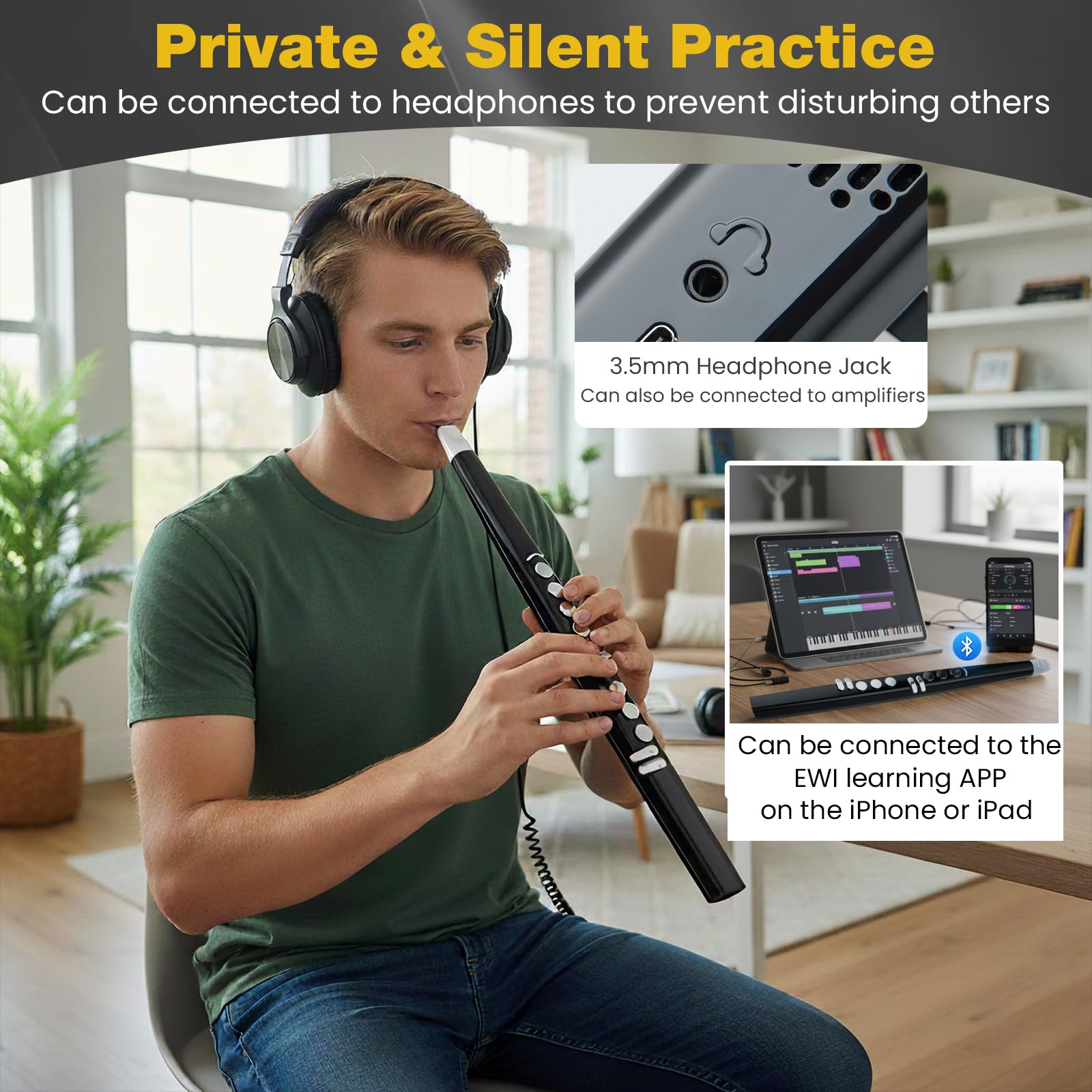 KOMFOTEU Saxophone Électronique, Connectivité MIDI, Bluetooth, USB, Instruments à Vent Numériques avec 13 Notes, 2 Doigts, Équipement Musical portable avec Sac de Transport, pour Débutants, Adultes