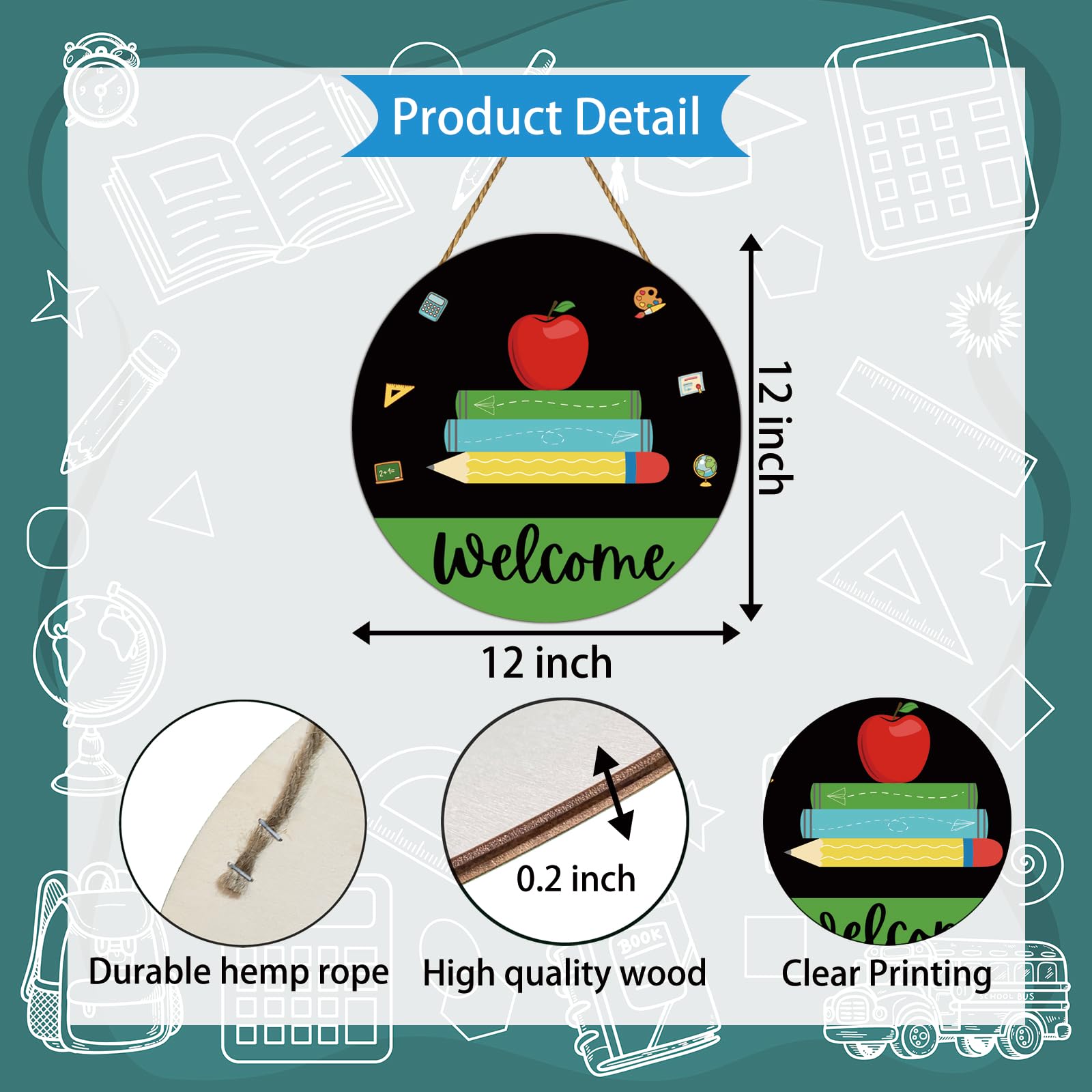 YUNKKIN Welcome Sign for Classroom Classroom Door Decorations Book Pencil Wall Decor Wooden Front Door Hanger Wreath for First Day of School Bulletin Board Teacher Supplies Indoor Decor