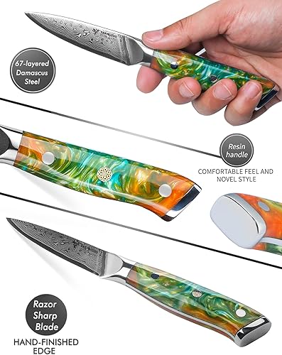 Miniatura 3 de SANMUZUO Cuchillo de pelar de 35 pulgadas cuchillo de cocina para frutas y verduras mango de acero de Damasco y resina - Serie Xuan naranja fantasía