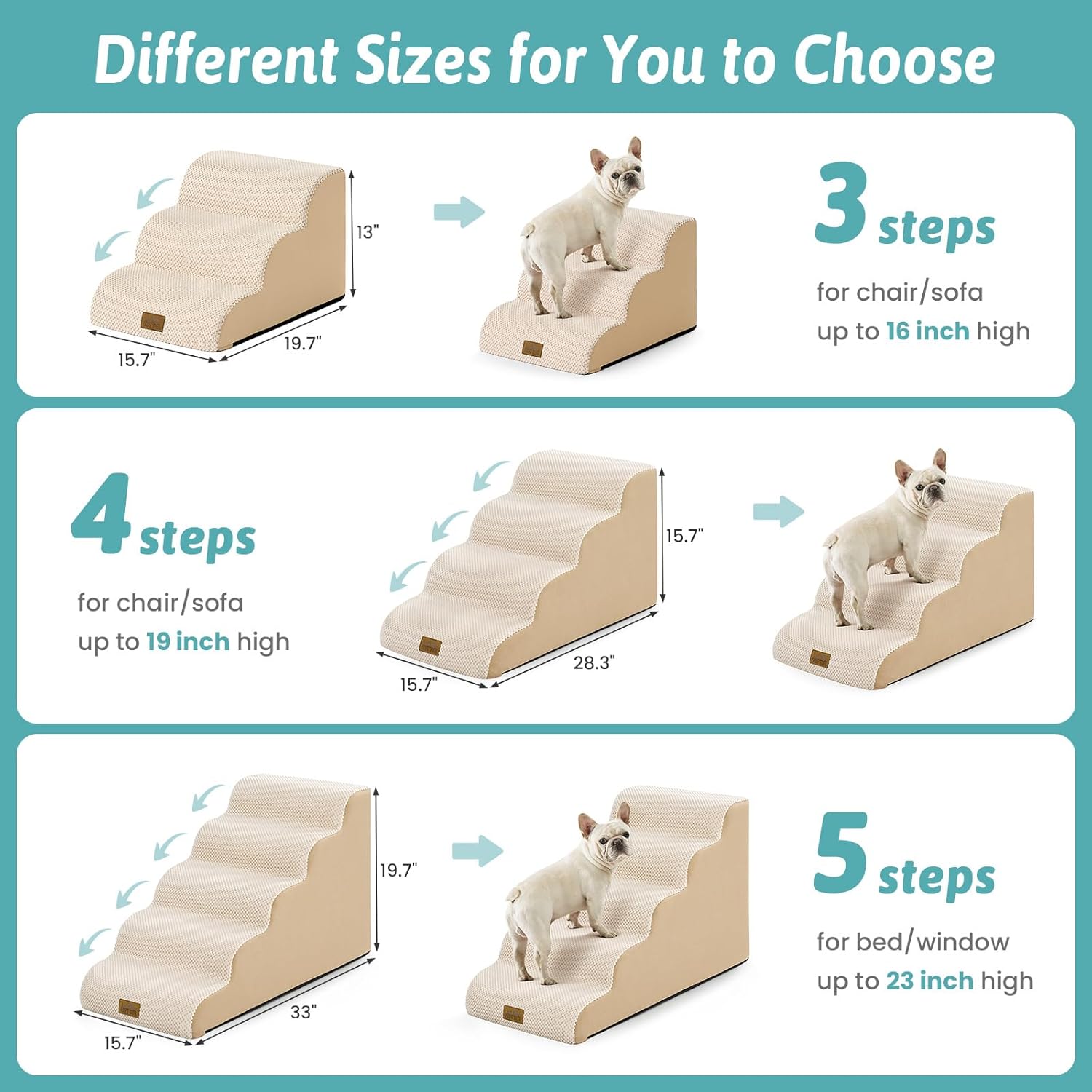 Dog Stairs for Small Dogs 13" H, 3-Step Slope Curved Dog Steps for Couch, Chair or Bed, Sturdy Pet Stairs for Puppy, Older Cat, Cat Ladder with High Density Foam, 15.7x20x13 inch, Beige