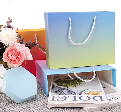 Miniatura 6 de EUSOAR Bolsas de regalo de papel, 30 unidades de 3 colores mezclados de 10.6 x 3.1 x 8.3 pulgadas, bolsas de compras de papel kraft con asas, bolsas