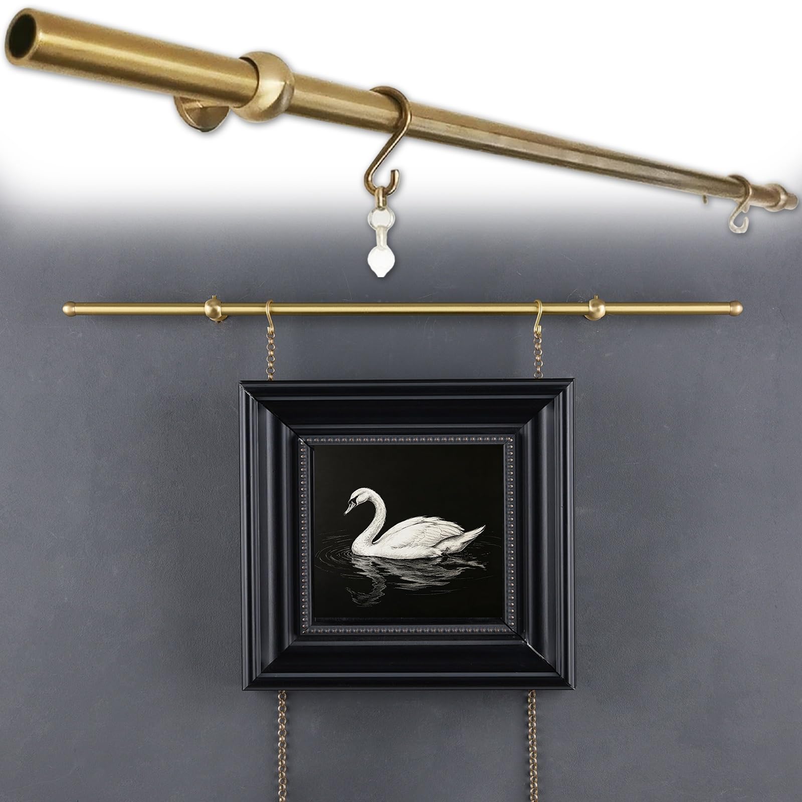 Cimaise Tableau Suspension De Tableaux avec Chaînes Et Crochets, Kit De Rail De Galerie en Laiton Doré, Système D'accrochage De Tableaux pour Décoration Murale Et Photo(1.15m (45.3in))
