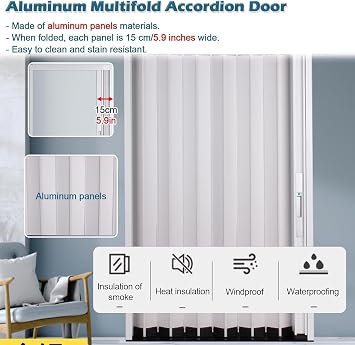 Sliding Closet Doors White Accordion Door Interior for Bathroom Bedroom Kitchen Doorway, Aluminum Temporary Partition Gate with Lock Key & Magnetic Closure(58x80in(146x203cm))