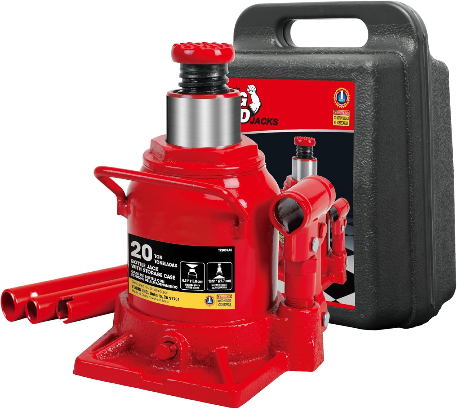 Big Red 20 Ton (40,000 lb) Low Profile Hydraulic Bottle Jack with Carrying Case，Red