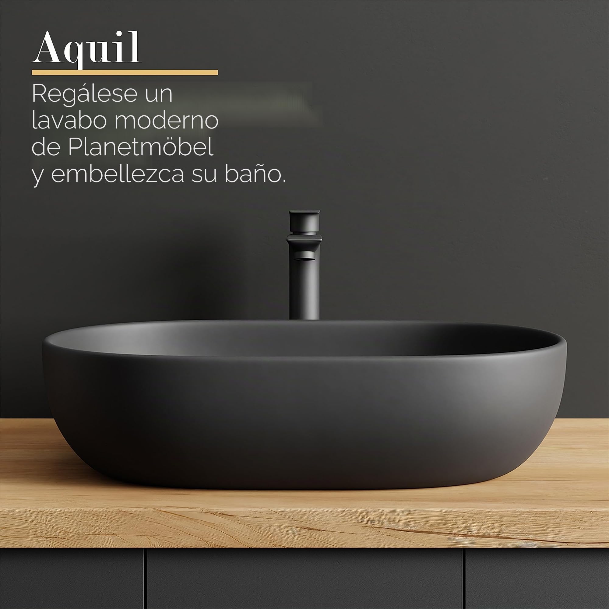 Planetmöbel Aquil Deluxe Lavabo Oval | Lavabo de encimera para baño y aseo de invitados | Lavabo sin orificio para grifo y desagüe | Negro mate, 60 x 40 x 15 cm