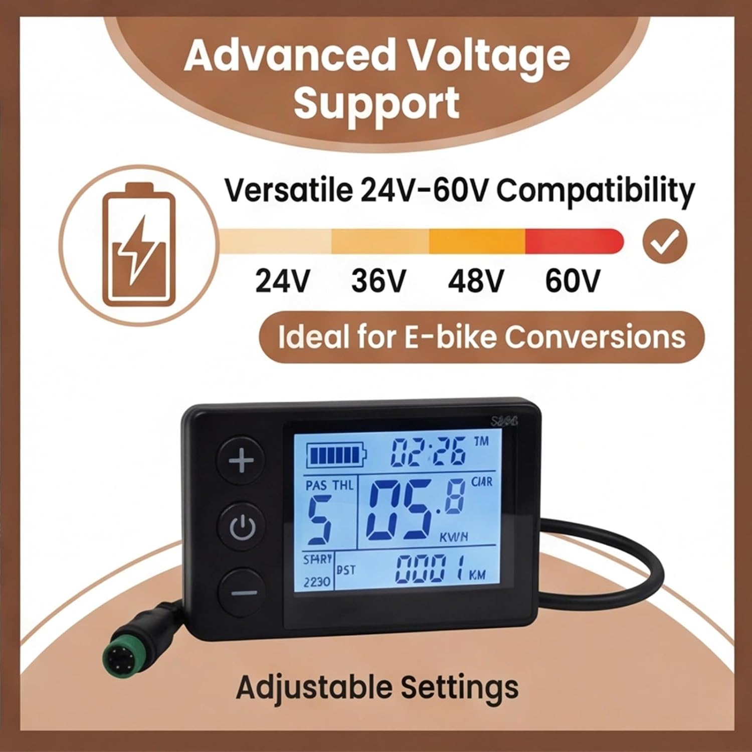 LCD Display Panel for Electric Scooters and Electric Bikes, 24V 36V 48V 60V Adjustable 5-Pin Connector, Speedometer Odometer with Backlight