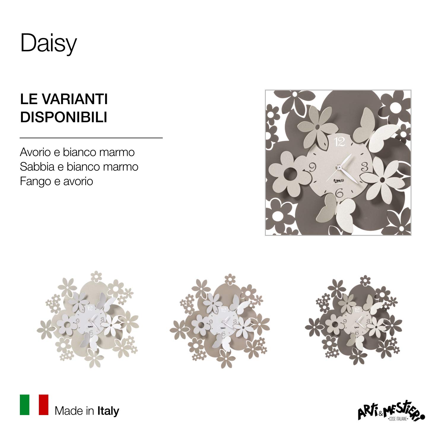 Arti & Mestieri Daisy - Orologio da Parete di Design 100% Made in Italy - in Ferro, Diametro 40 cm - Fango e Avorio
