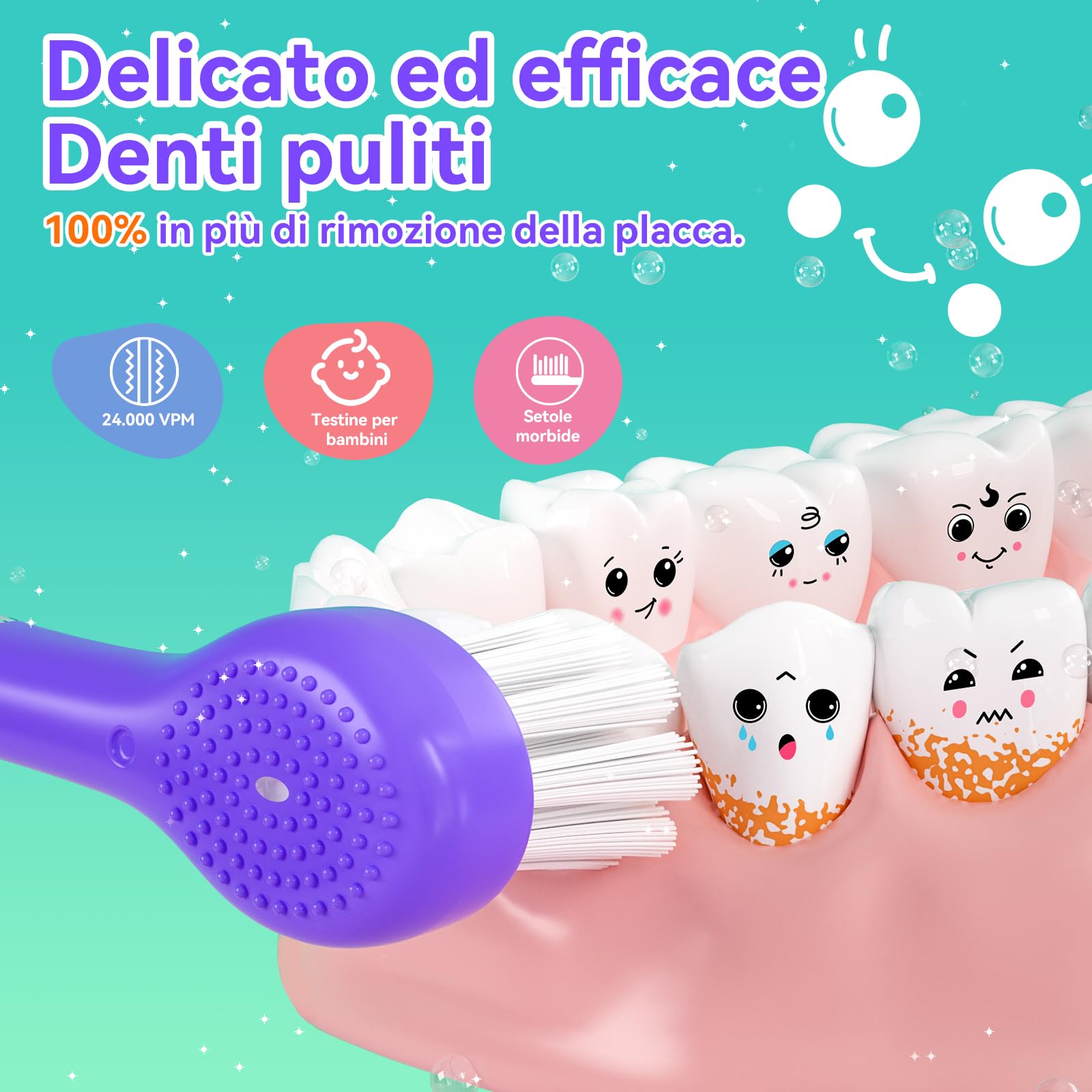 Spazzolino Elettrico Bambini Spazzolino Denti Elettrico Spazzolini Elettrici Spazzolino Bambini 0-6 Anni Spazzolino Da Viaggio Con 8 Testine Per, Luce LED, modello balena SG-2139,Viola