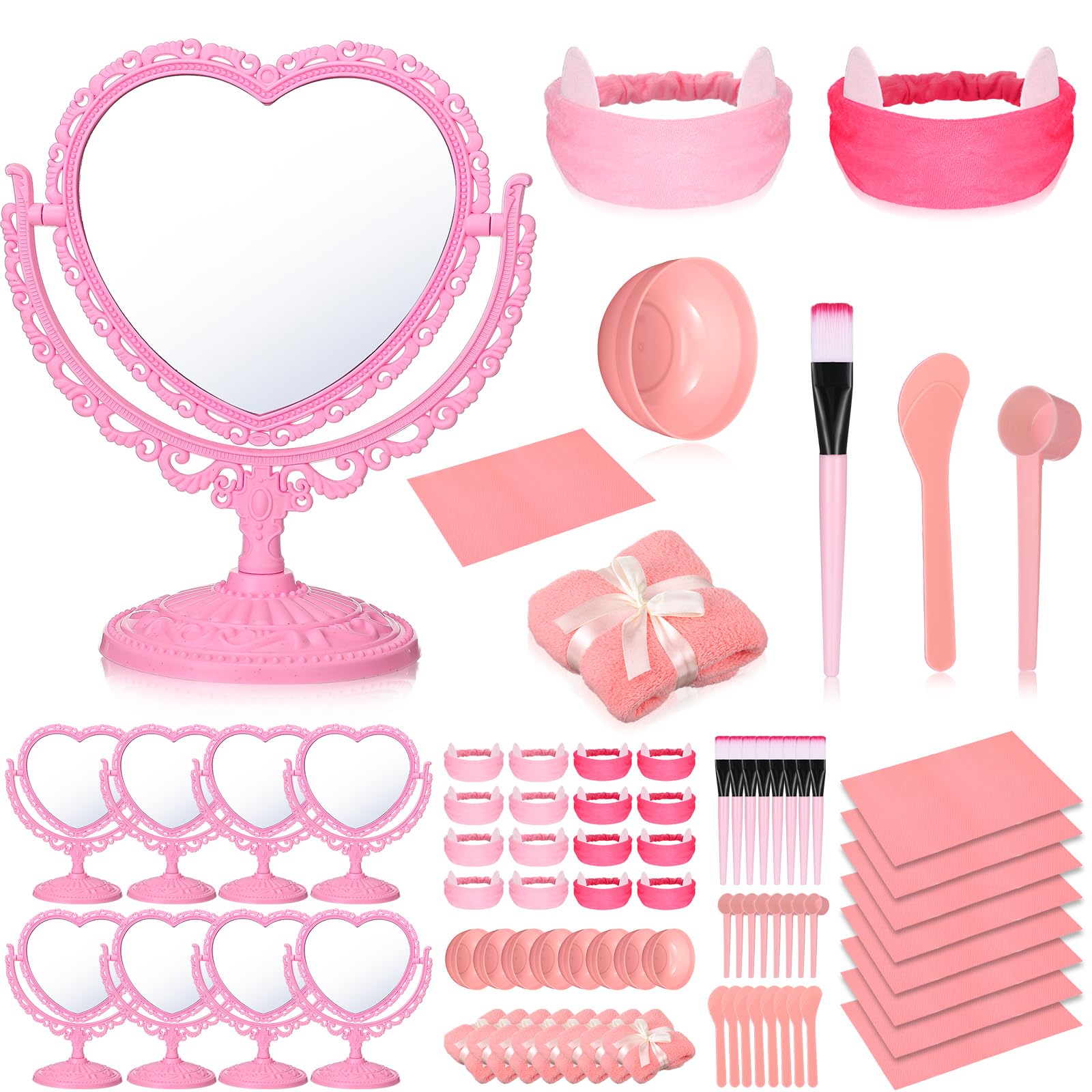 Lineshading 8 Set Spa Party Supplies With Heart Shaped Mirror, Desk Mat, Face Mask Brush, Mixing Bowl, Headband, Facial Towel - Sleepover Party Slumber Night Essentials