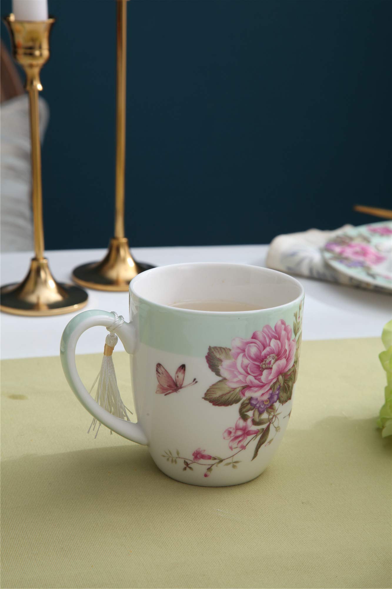 Set di 4 tazze da tè e caffè in porcellana - Design Shabby Chic con uccelli, rose e farfalle in confezione regalo - 330 ml