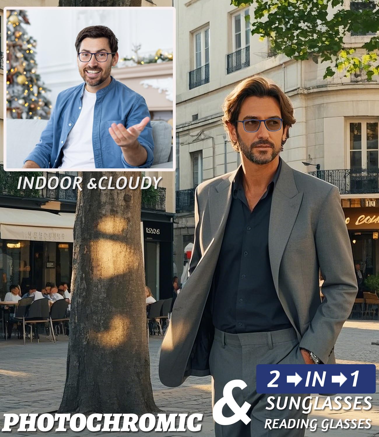 Hubeye Photochromic Reading Glasses for Men 3 Packs UV400 Sun Readers Computer Anti Blue Light Glasses +1.5