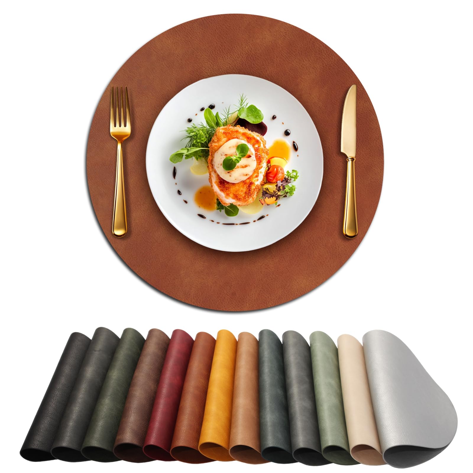 UnivoColors Placemats Round Faux Leather Placemats Set of 4-Waterproof-Wipe Clean-Heat Resistant-Anti Slip Dining Table Place Mats,Suitable for Indoor &amp; Outdoor Use,15".Retro Reddish Brown