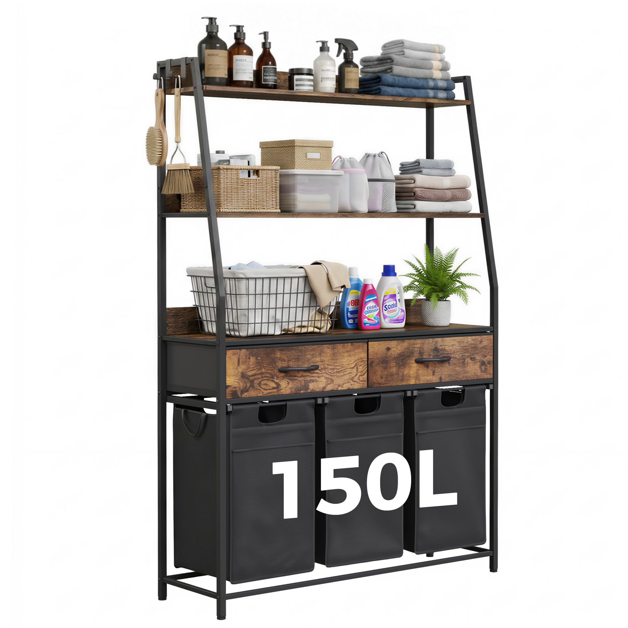 Mondeer 150L Laundry Basket 3 Compartments, Adjustable Shelves and Drawers