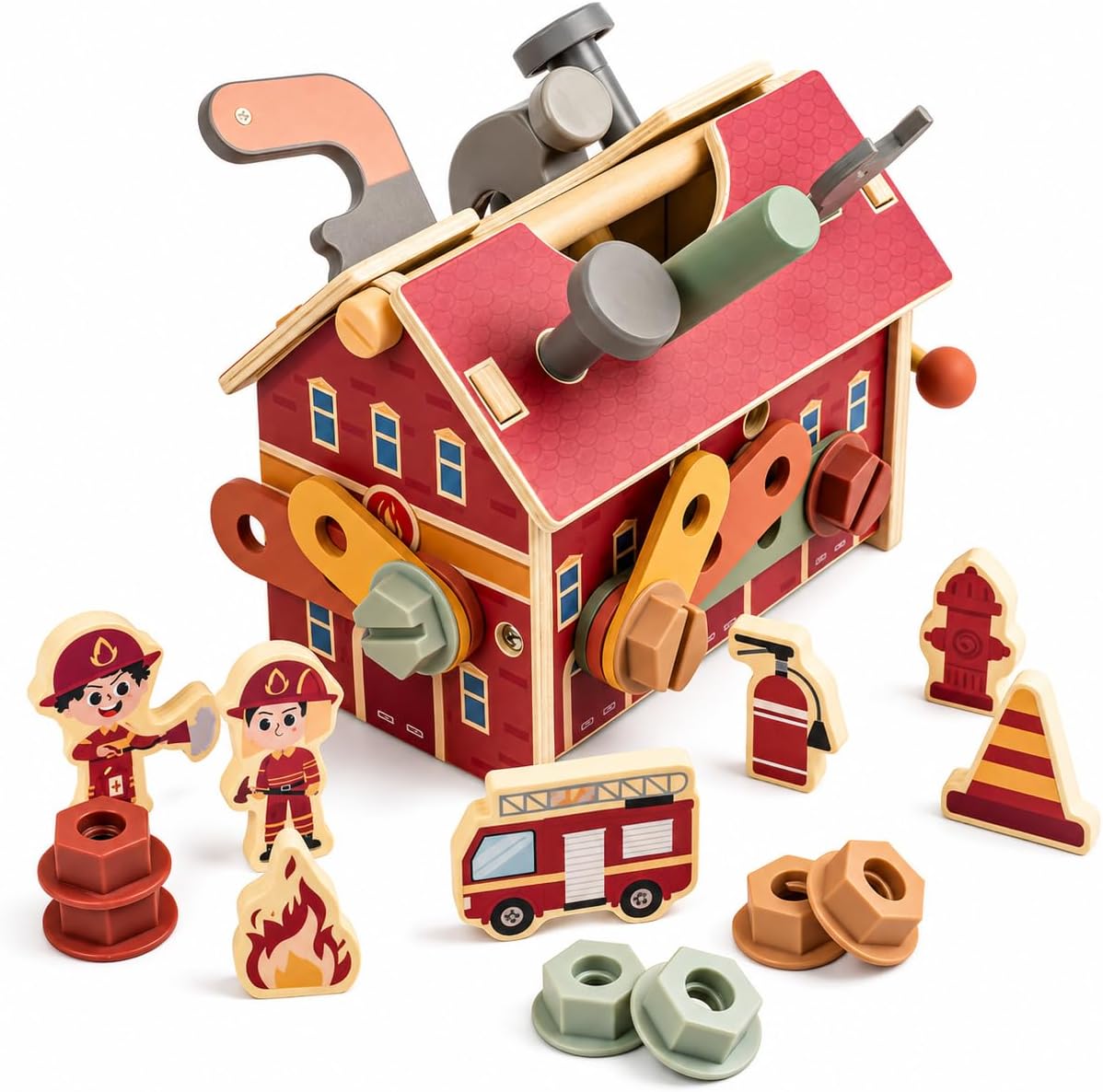 Kids Tool Set, 42 PCS Fire Station Wooden Tool Set with Toddler Tool Box Workbench, Montessori STEM Educational Construction Pretend Play Toy, Birthday Gift for Boys Girls Ages 3-5