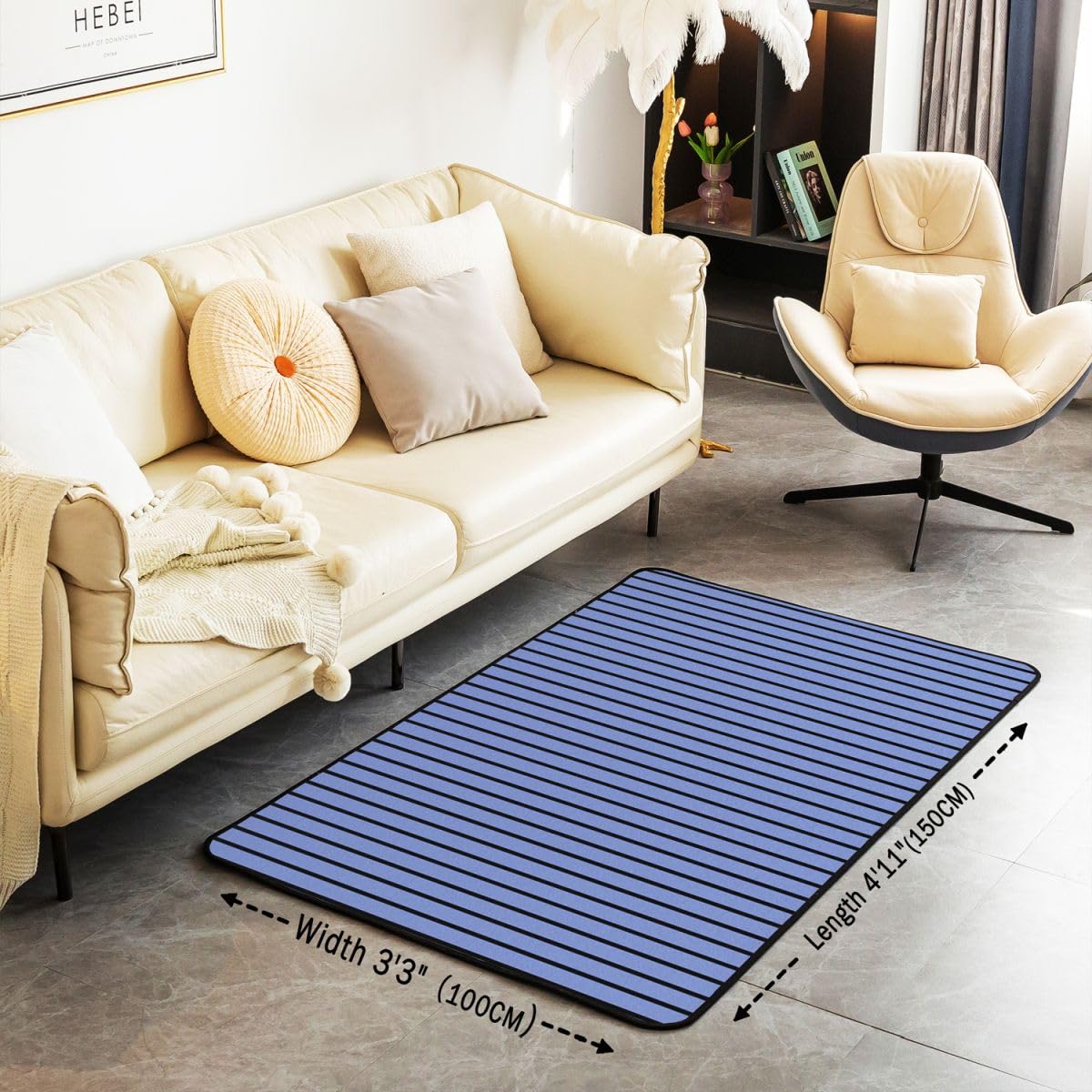 Loussiesd Tapis Salon 100x150cm Bleu Rayures Tapis d’intérieur Striped Antidérapant,Doux,Lavable Ligne Rayures pour Salon Chambre Géométrique Salle à Manger, Cuisine Art Modernee Abstrait
