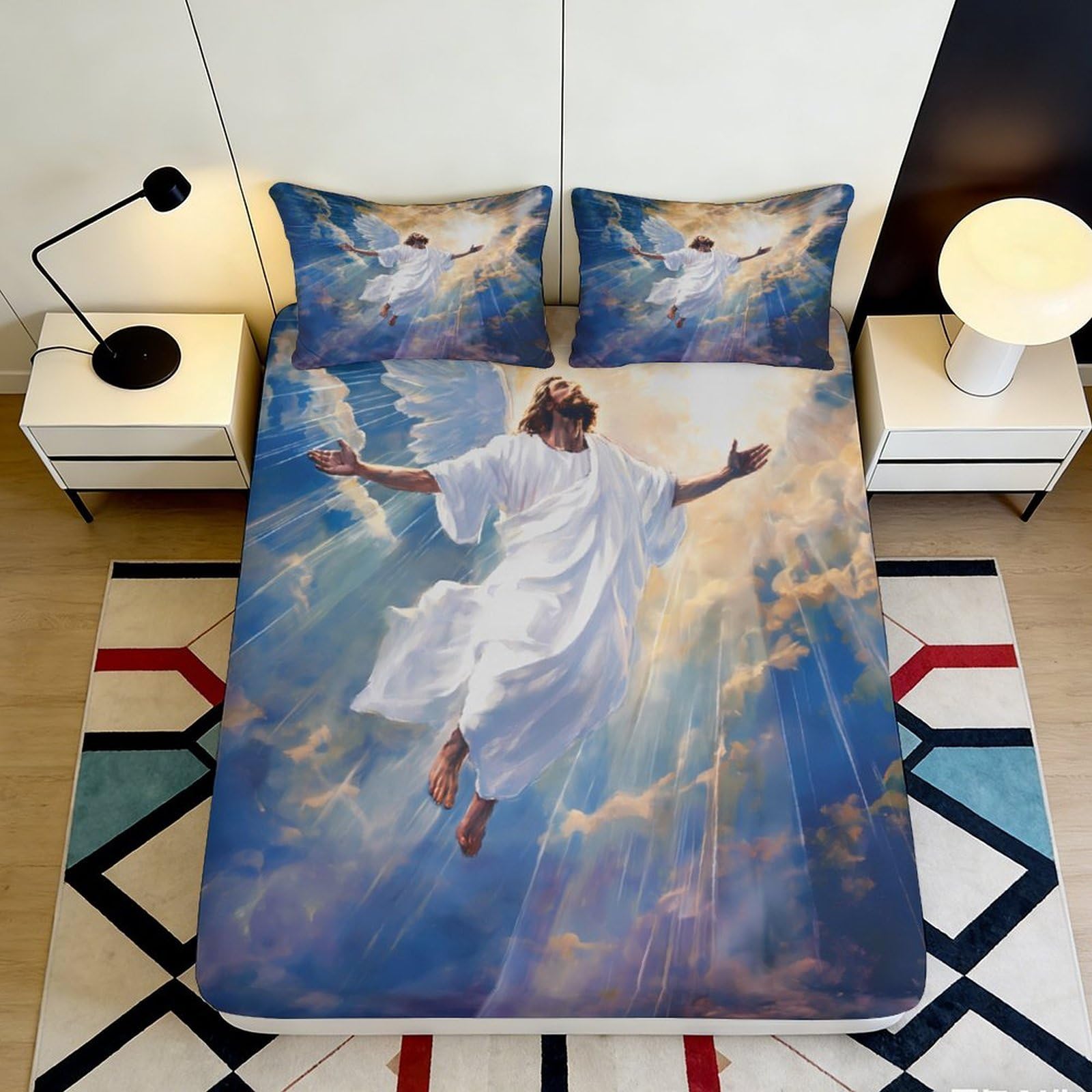 3D Printed Angel Ascension Fitted Sheet Microfiber Soft Breathable Heavenly Light Mattress Cover for Bedroom Dorm Decor 90x200x25cm