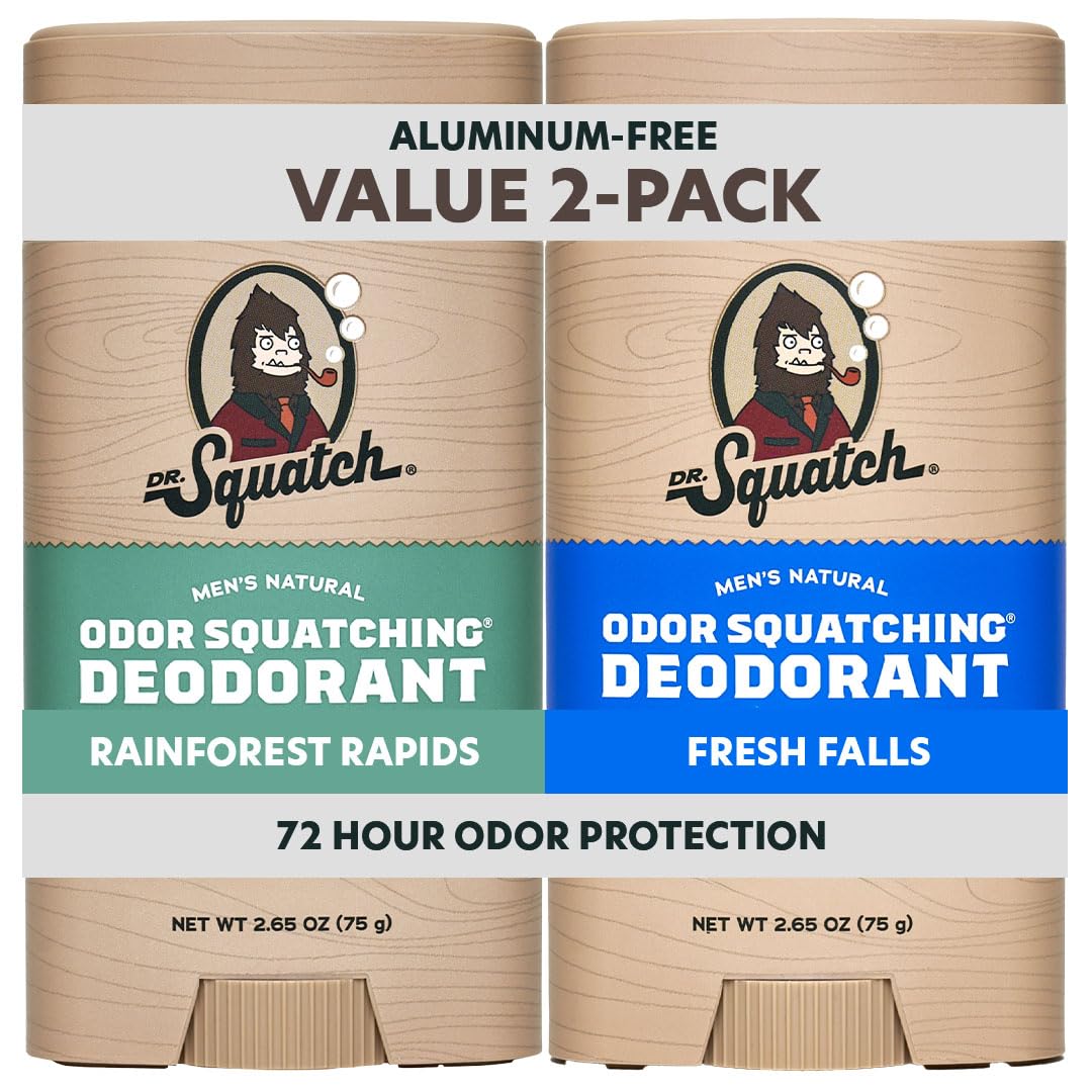 Dr. Squatch Natural Men’s Deodorant – Aluminum Free Natural Deodorant Men with Charcoal & Postbiotics for 72-Hour Odor Protection – Rainforest Rapids + Fresh Falls, 2.65oz Stick (2-Pack)