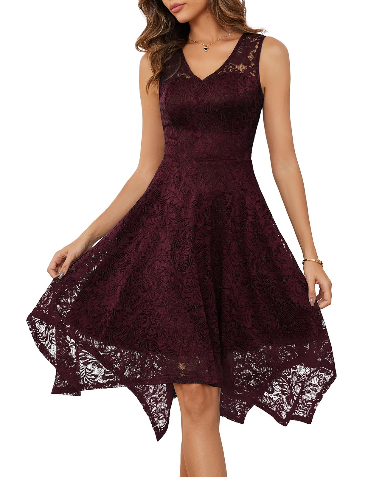 Meetjen Women's Burgundy Cocktail Dresses Lace Sleeveless V Neck Mother Of The Bride Dress Vestidos Elegantes De Mujer M