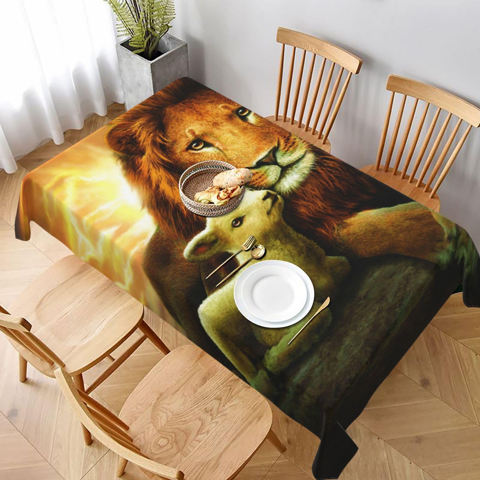BNVSADC Sunset Lion Lamb Bird Printed Rectangle Tablecloth 228x152 CM, Water Resistant Polyester Table Cloth Decorative Fabric Table Covers for Kitchen Dining Table Parties Camping