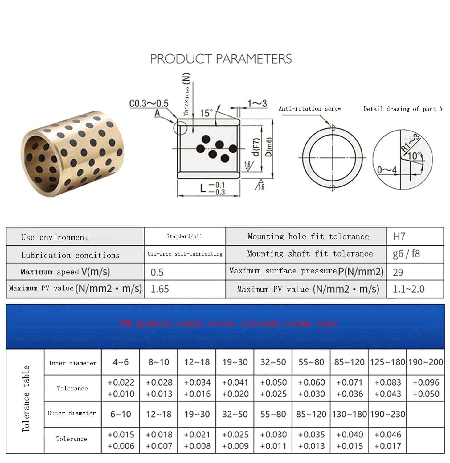 Graphite Copper Bushings, 2pcs Type Oil-Free Self-lubricating Graphite Copper Bushings, Inner Diameter 6mm, Outer Diameter 10mm, Bearing Straight Cylindrical Sliding Guide Bushings Sleeve6x10x30mm (C