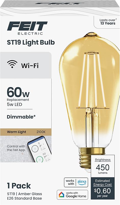 Feit Electric ST19 Bombilla LED inteligente, 60 W Eq, ámbar 2100 K, base E26
