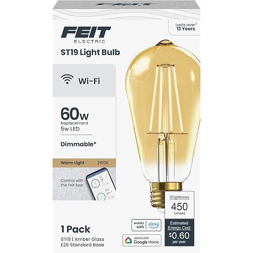 Feit Electric ST19 LED Smart Light Bulb, 60W Eq, Amber 2100K, E26 Base