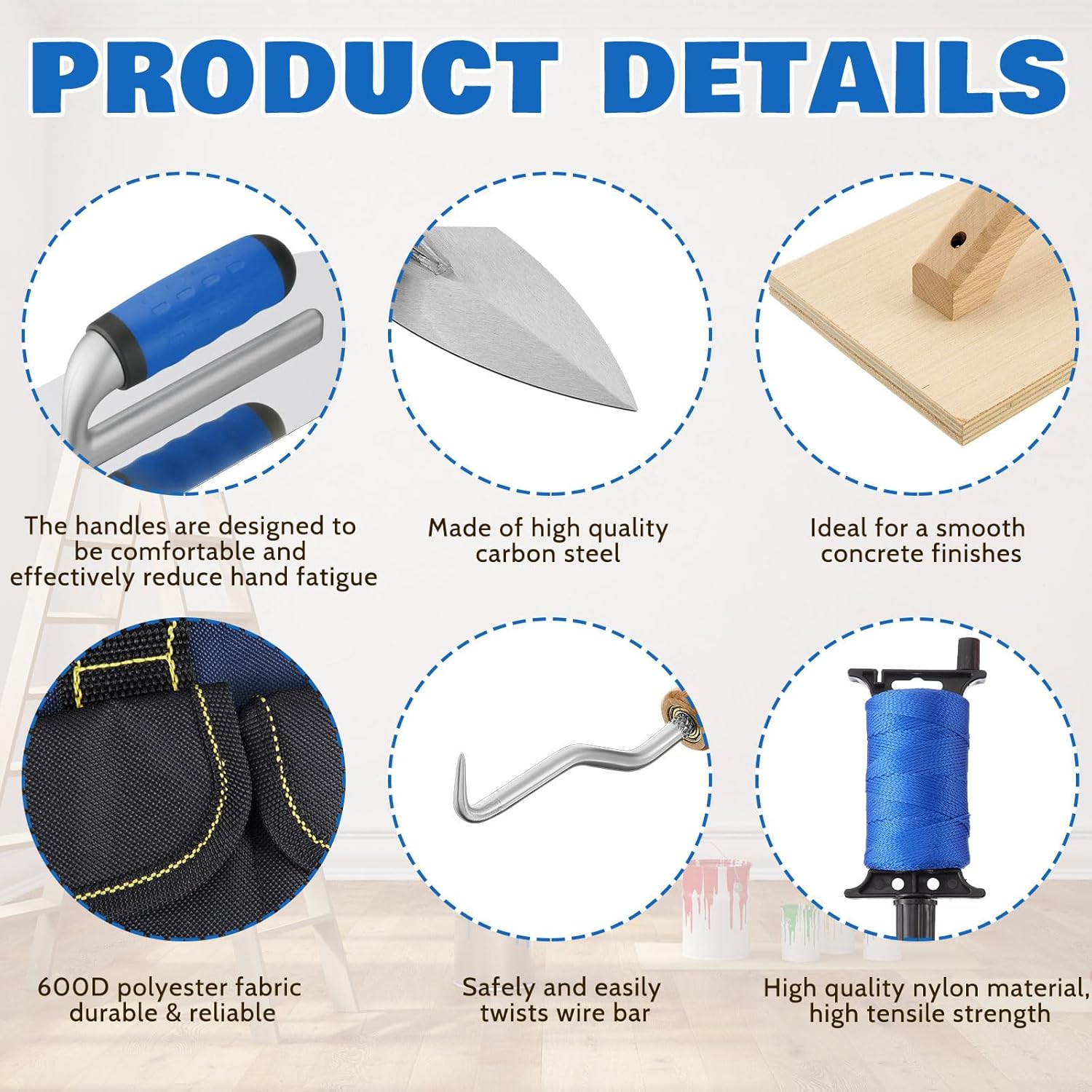 18 Pcs Masonry Trowel Construction Tool Kit with Tool Bag, Includes Putty Knives, Gloves Rebar Hooks, Stainless Steel Tools for Home, DIY, Concrete Masonry Work(Blue)