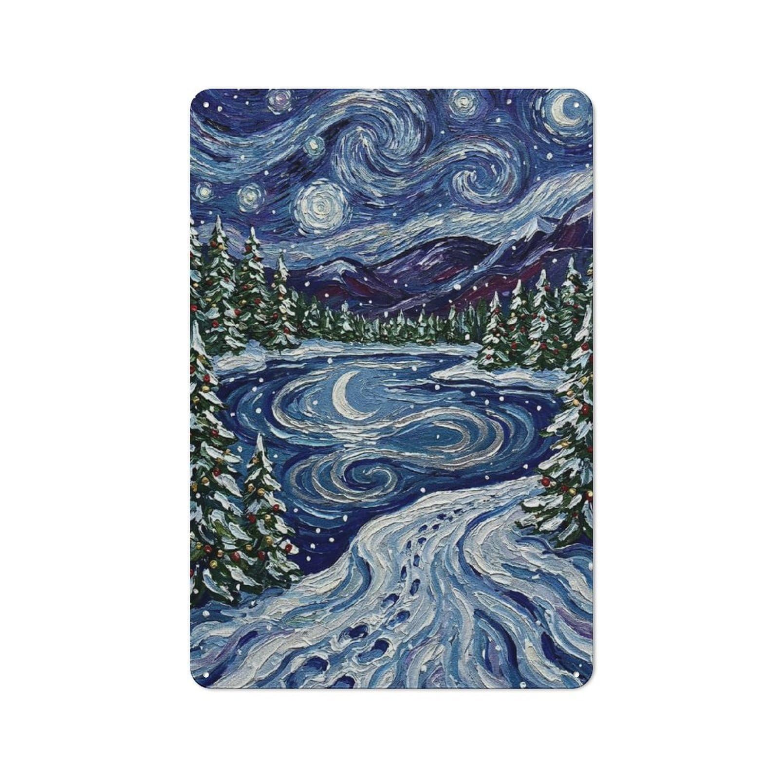 Junmoney Style-20 Tin Wall Plaque 30X20cm With Starry Winter Night Painting For Hallway Wall, A Decorative Metal Sign For Hallways And Entrance Areas