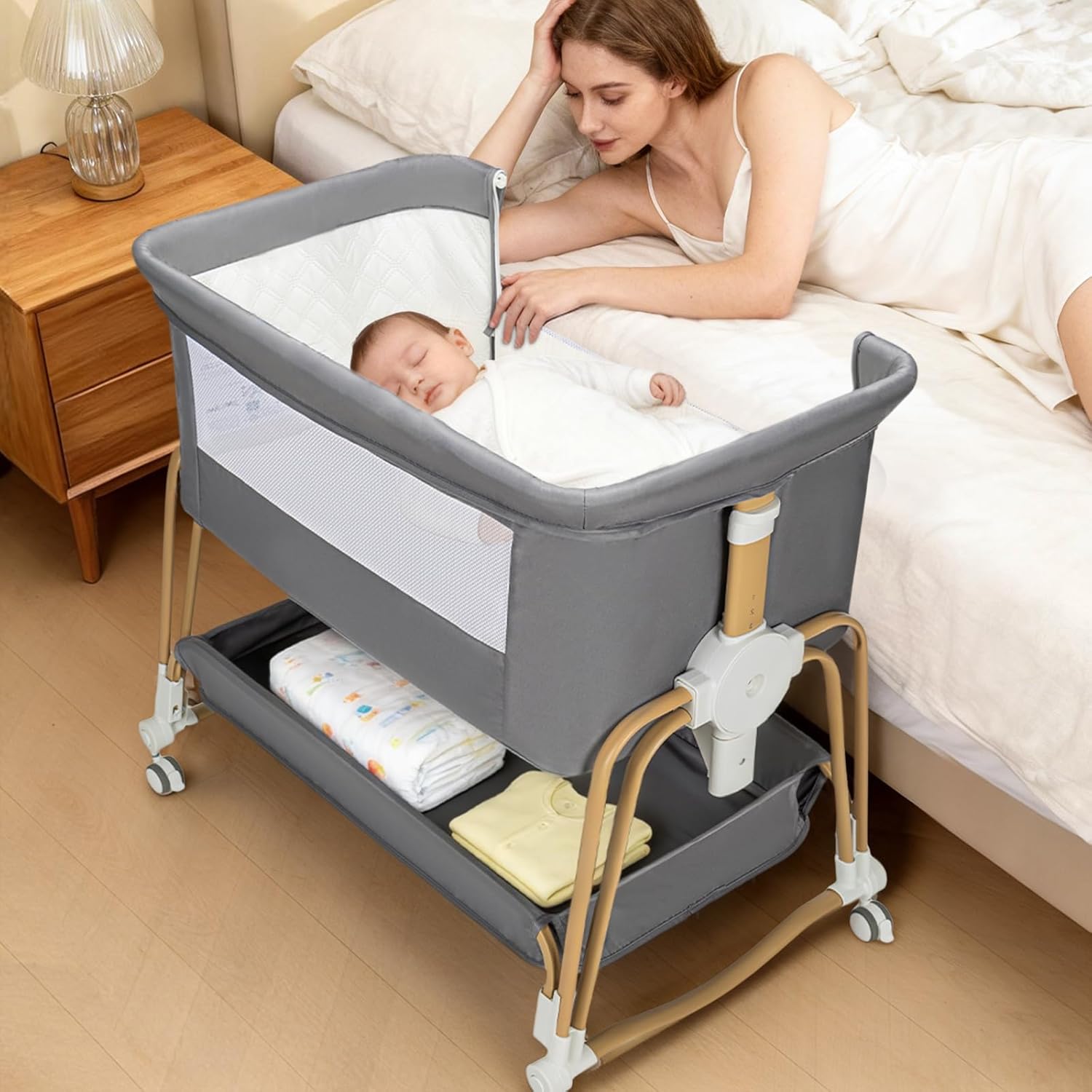 4 in 1 Baby Bassinet | Bassinet Bedside Sleeper for Baby on Wheels with Storage Basket | 7 Height Adjustable Breathable Mesh Rocking Bedside Sleeper with Musquito Net for Newborn (Grey)
