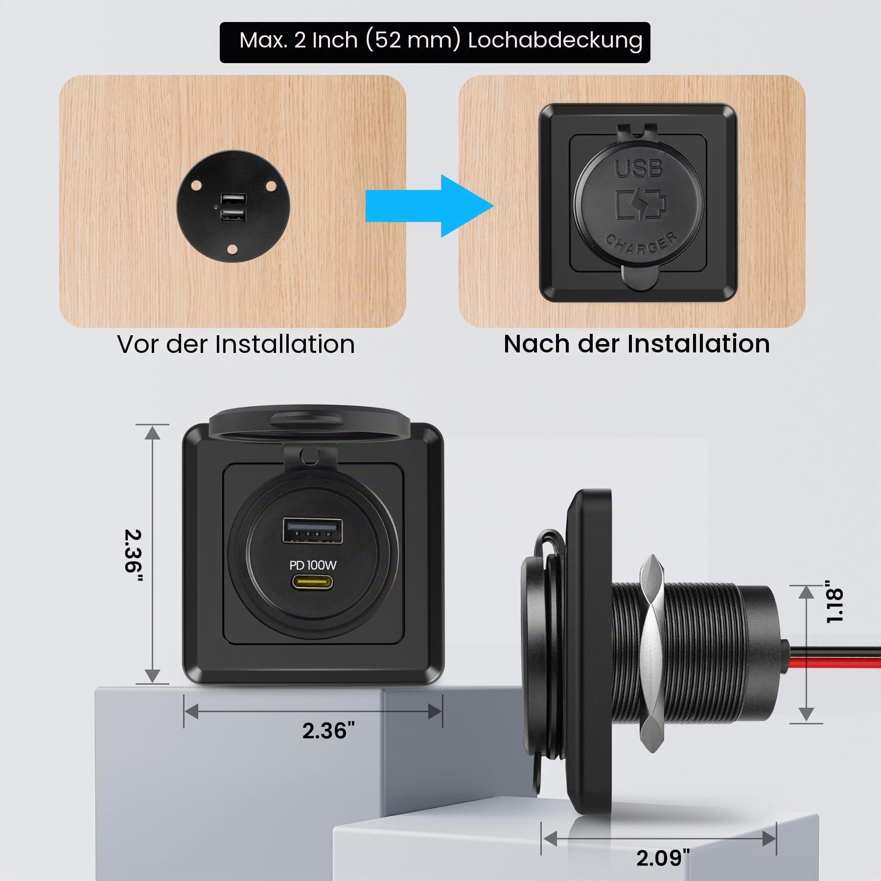 118 W Wohnmobil USB Steckdose, 100 W PD und 18 W USB-A Dual-Port-Steckdose, leistungsstarkes USB-C-Schnellladegerät, Laptop, Tablet, Handys, ideal für Wohnmobil, Boot, Anhänger (1er-Pack) (1er-Pack)