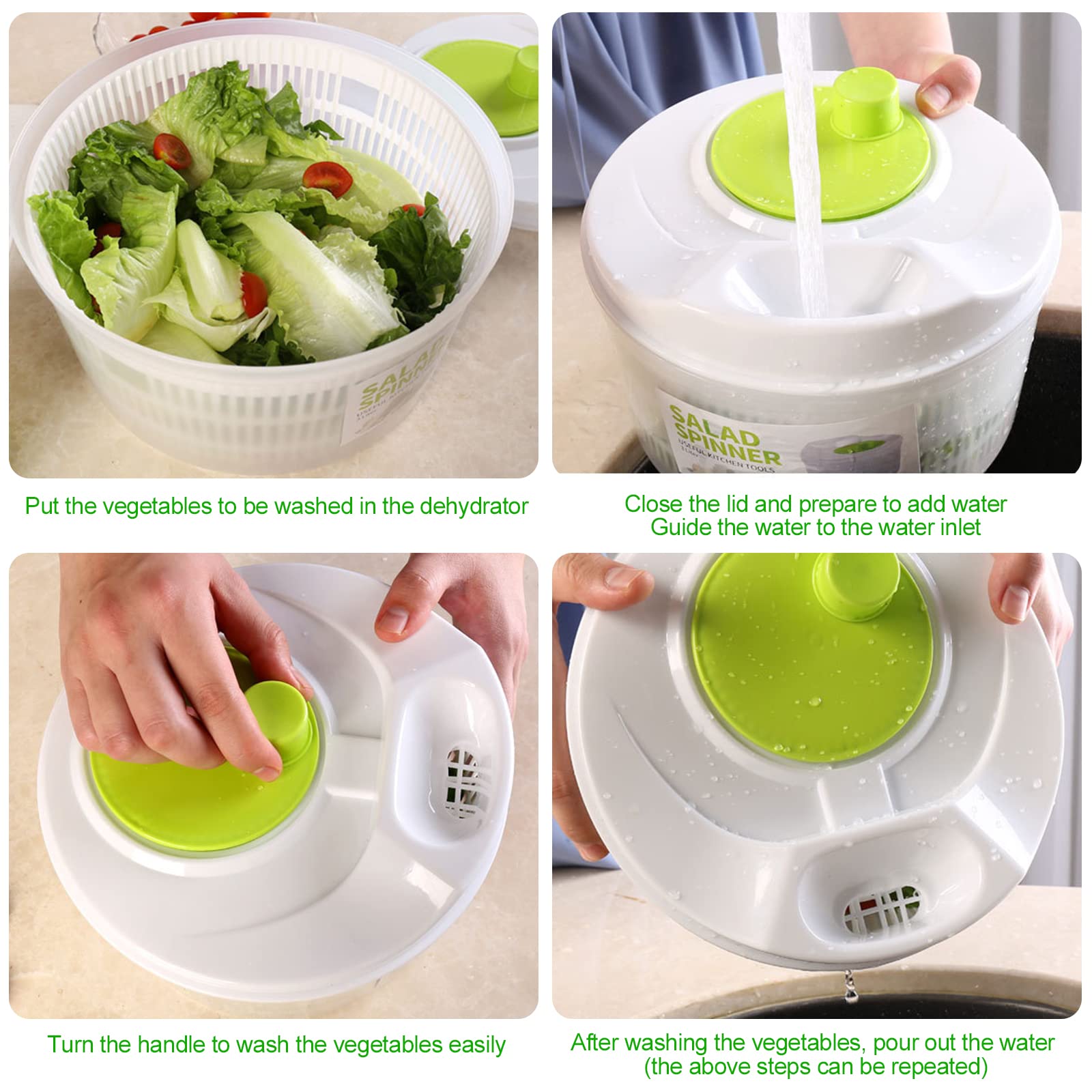 Newaner Centrifugadora de Lechuga, Centrifugadora Manual, Escurridor de Cocina con Tapa y colador Interior, Salad Spinner, Capacidad: 3L 22.5CM*15CM (Blanco/Verd)