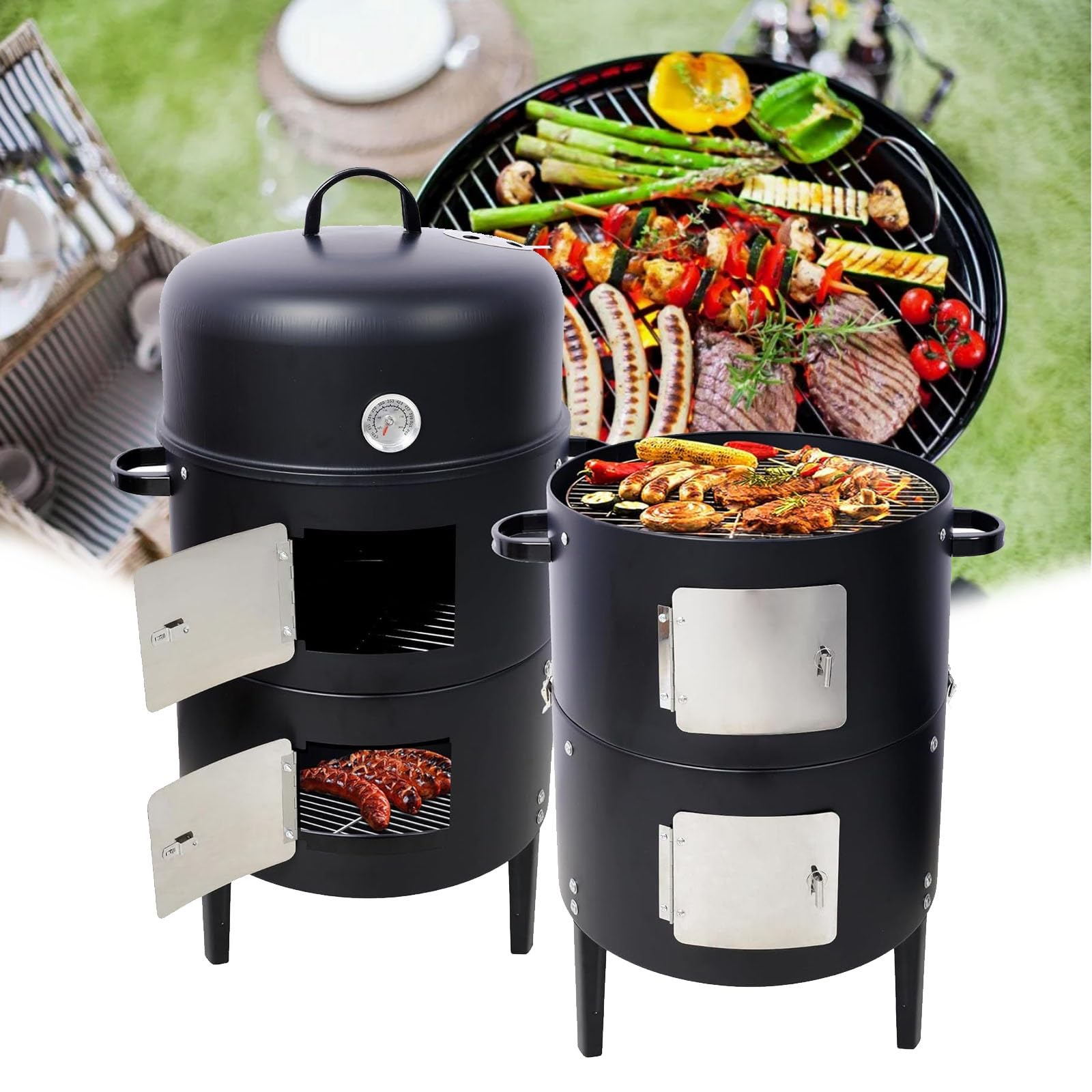 Questo affumicatoio verticale a carbone 3 in 1 è caratterizzato da un design verticale senza fumo e da una forma compatta e rotonda, che lo rendono adatto per giardini e campeggio.(B)