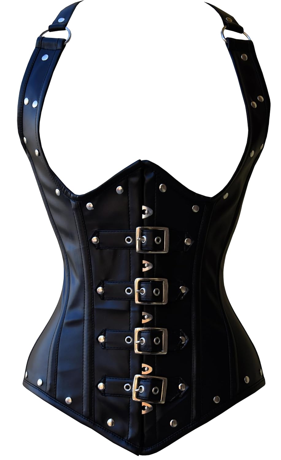 Leather Corset Steampunk Black Studs Goth Style Buckle Closure Waist Trainer Steel Boned Underbust Strap Corset