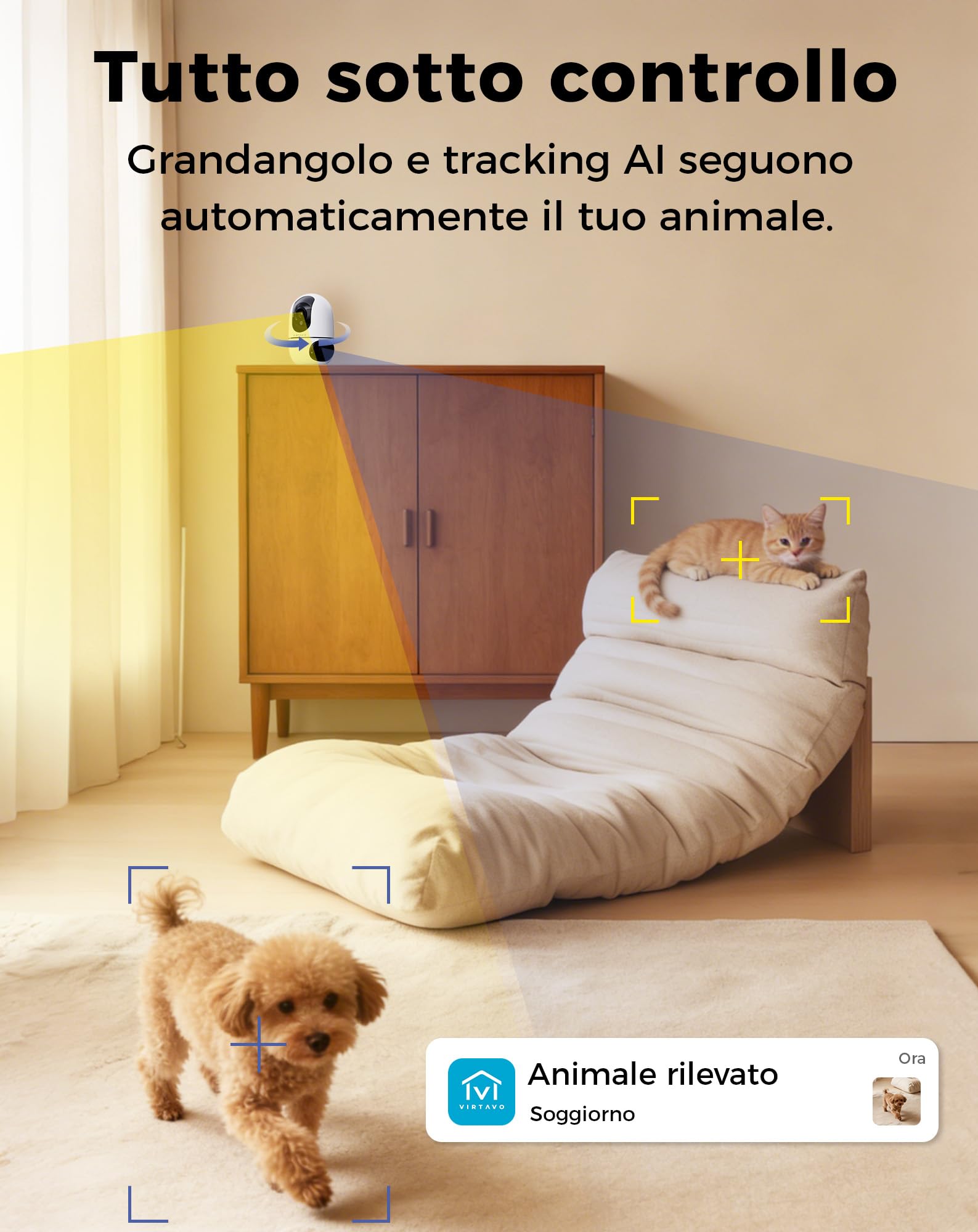 VIRTAVO XD1‑PRO Telecamera Wi‑Fi Interno Doppio Obiettivo, 2 Viste in 1 Schermo, 360° Pan/Tilt/Zoom, Smart Tracking, Audio Bidirezionale, Visione Notturna, Wi‑Fi 6 2,4/5 GHz, Senza Abbonamento