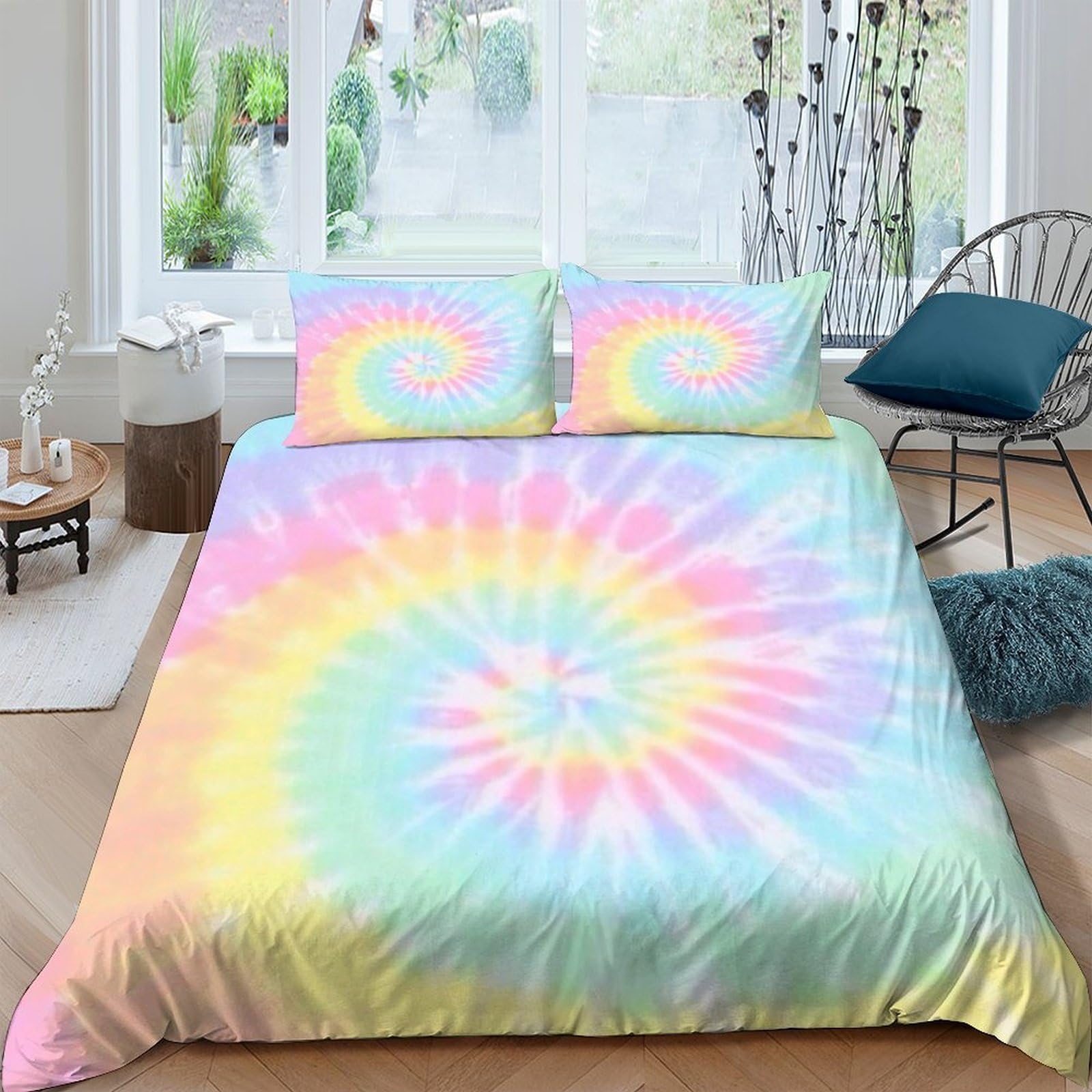 Ctjqhvkz Style-1 3D Printed Pastel Tie Dye Fitted Sheet Microfiber Soft Anti-Slip Rainbow Spiral Bed Cover For Bedroom Dorm Mattress Protection Decor Single（135X200cm）